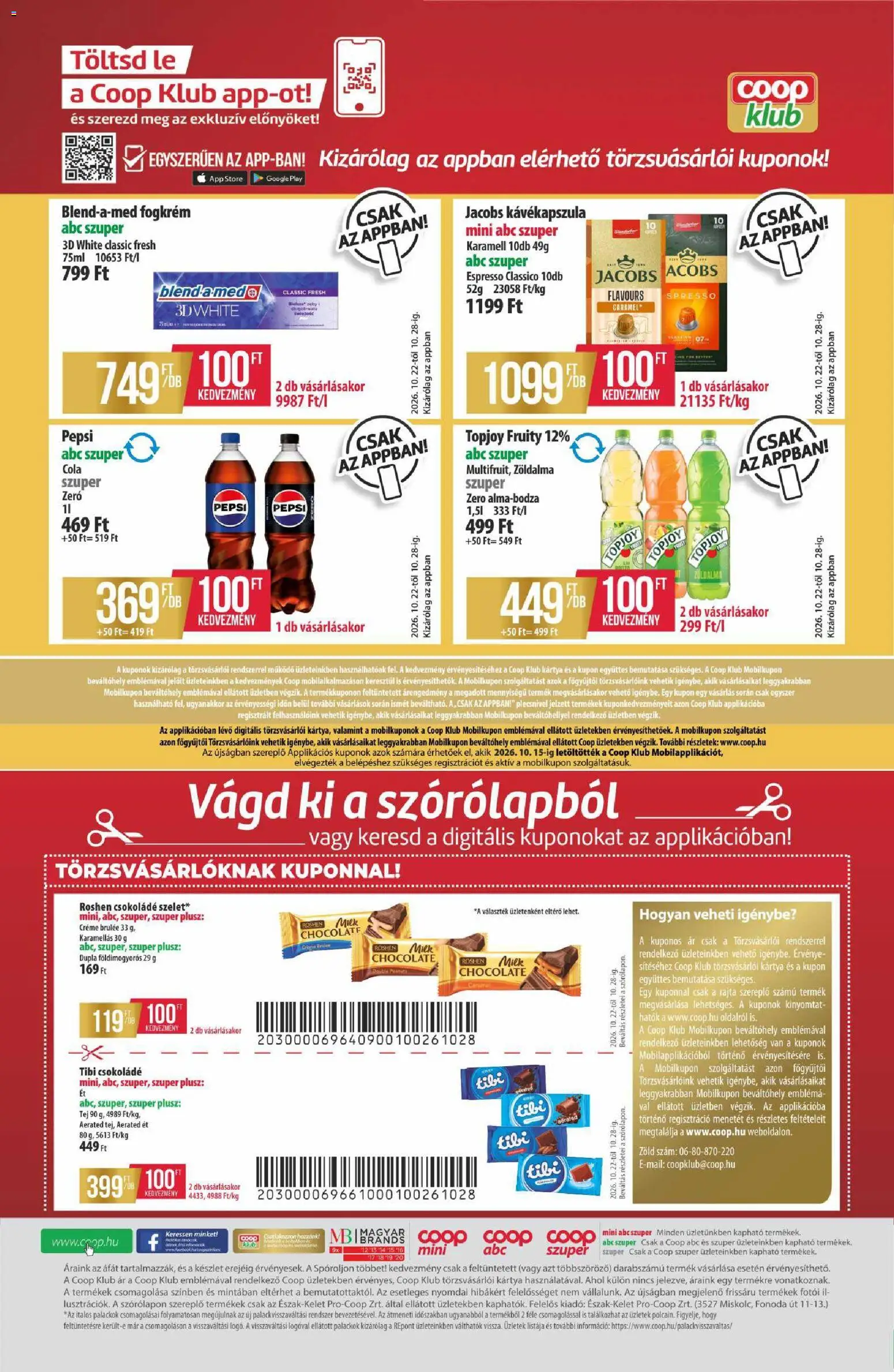 COOP akciós ujság - amely érvényes a következő dátumtól: 2026.10.22. | Oldal: 12 | Termékek: Lé, Topjoy, Cola, Fogkrém