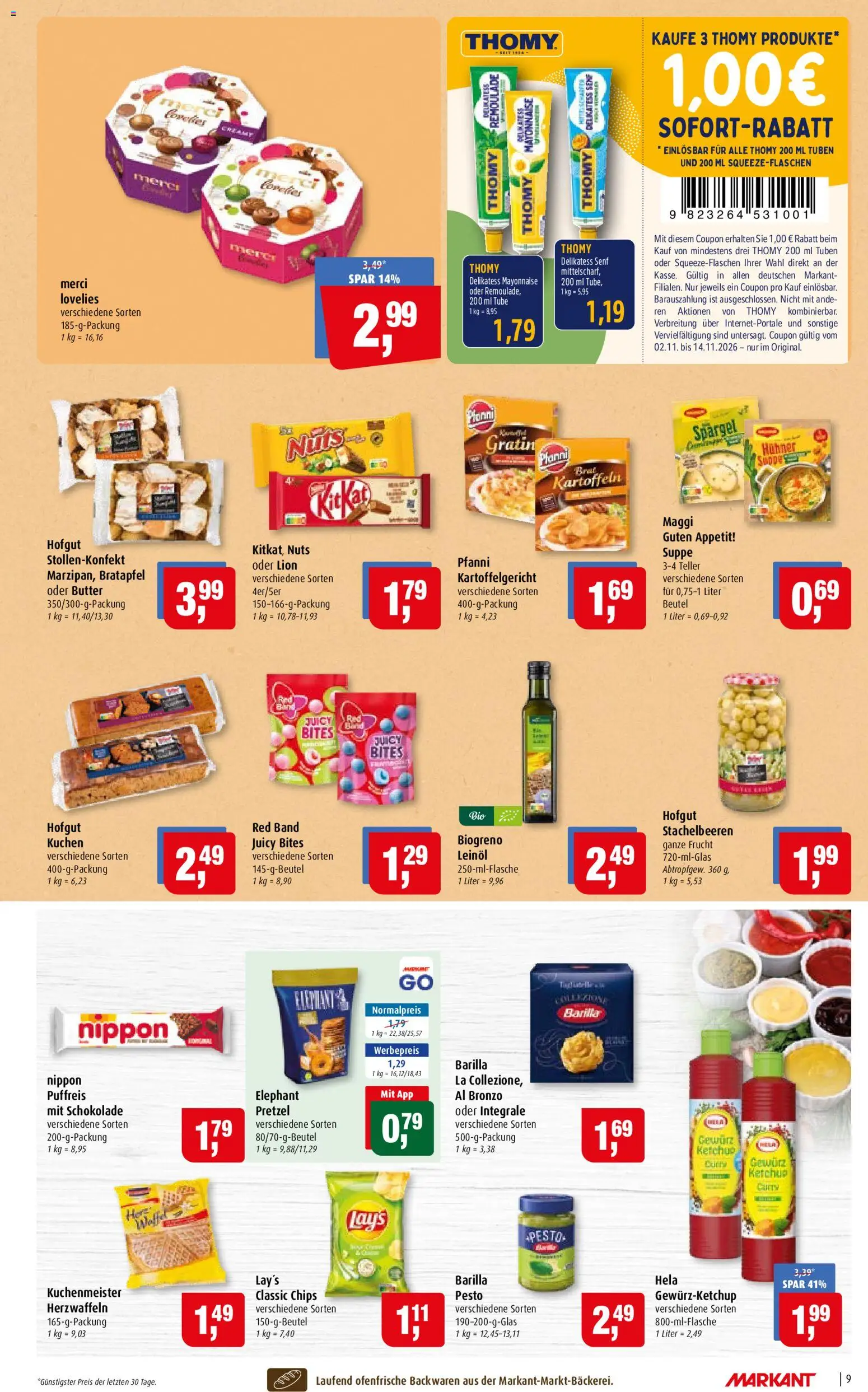 Markant Prospekt – gültig ab 02.11.2026 | Seite: 9 | Produkte: Leinöl, Mayonnaise, Kuchen, Ketchup