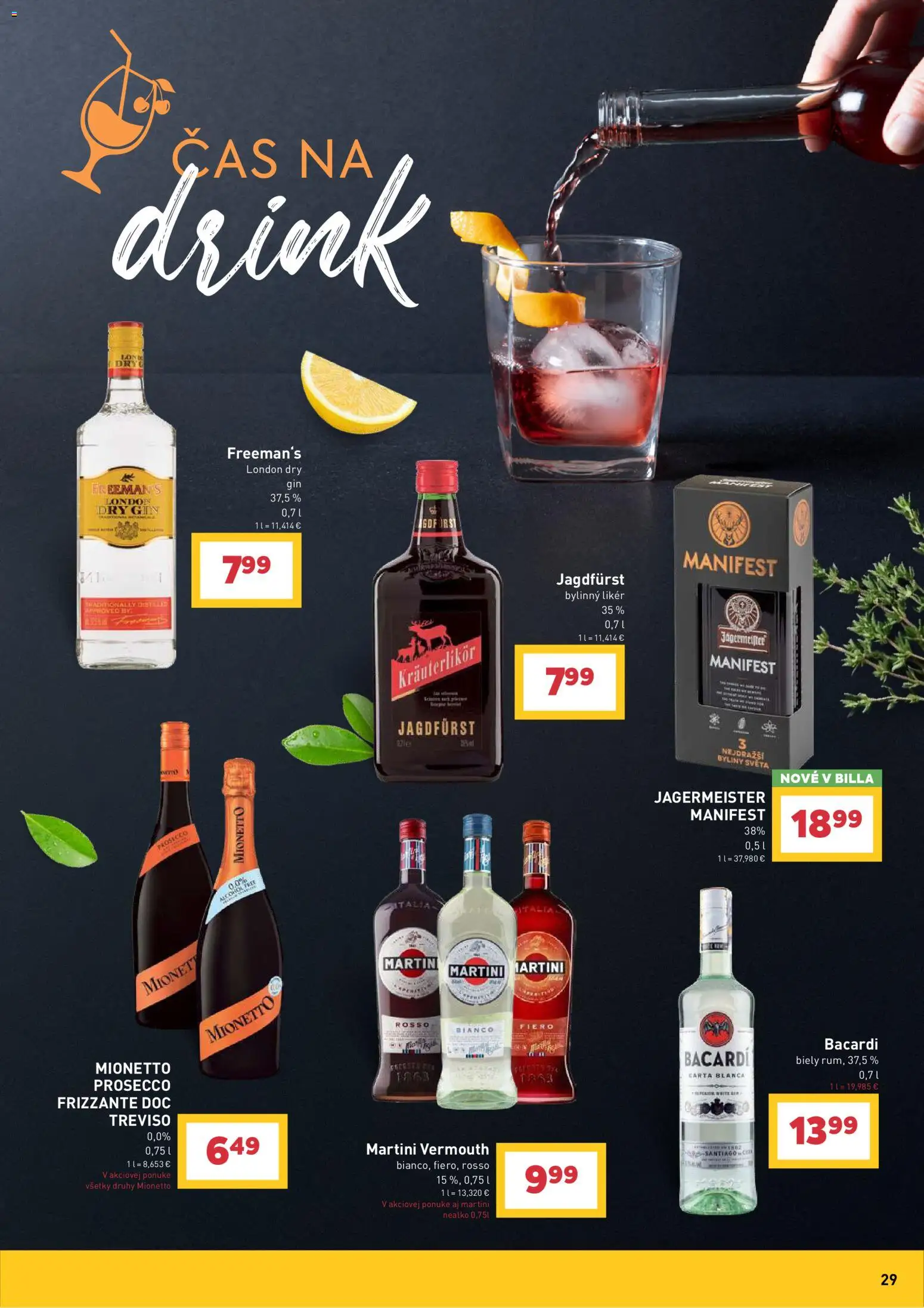 Nové Billa akcie – leták je platný od 17.06.2026 | Strana: 29 | Produkty: Jägermeister, Prosecco, Gin, Bacardi