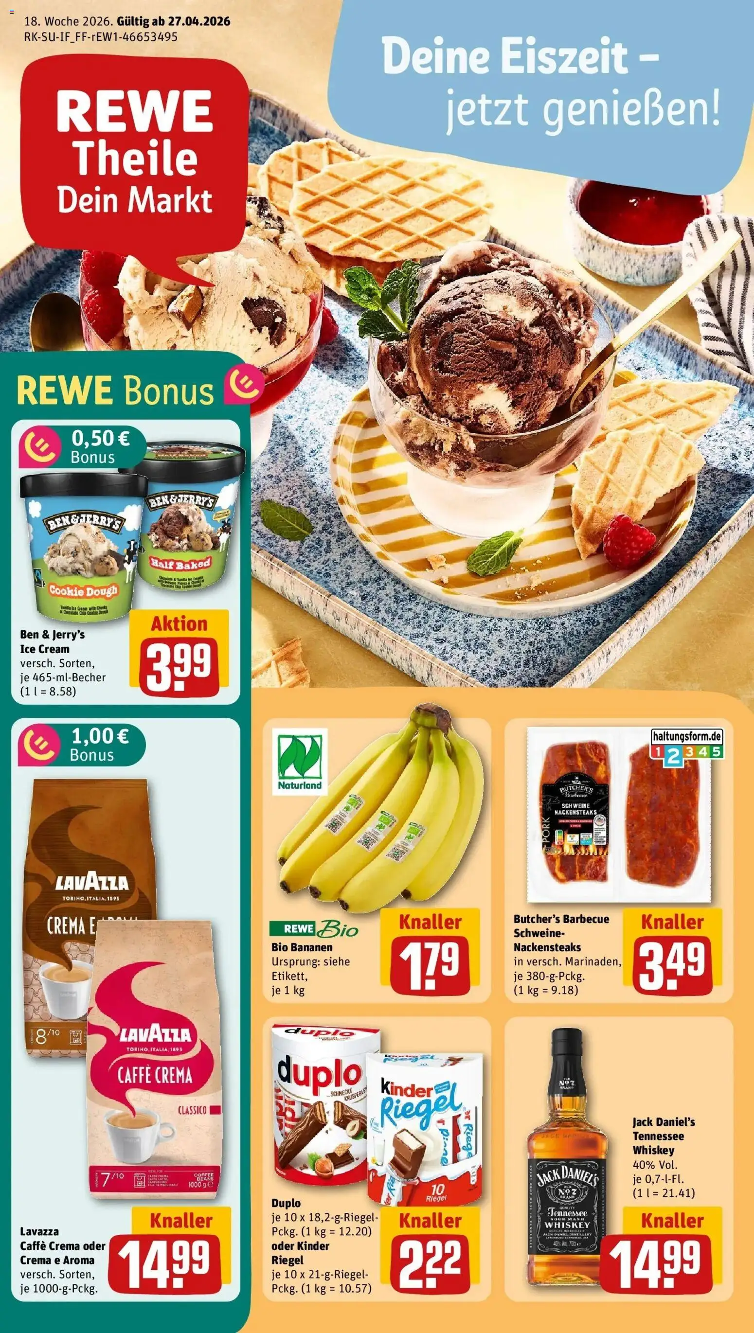 Rewe Prospekt Bamberg	 – gültig ab 27.04.2026 | Seite: 1 | Produkte: Bananen, Kinder riegel, Ben & Jerry's, Whiskey