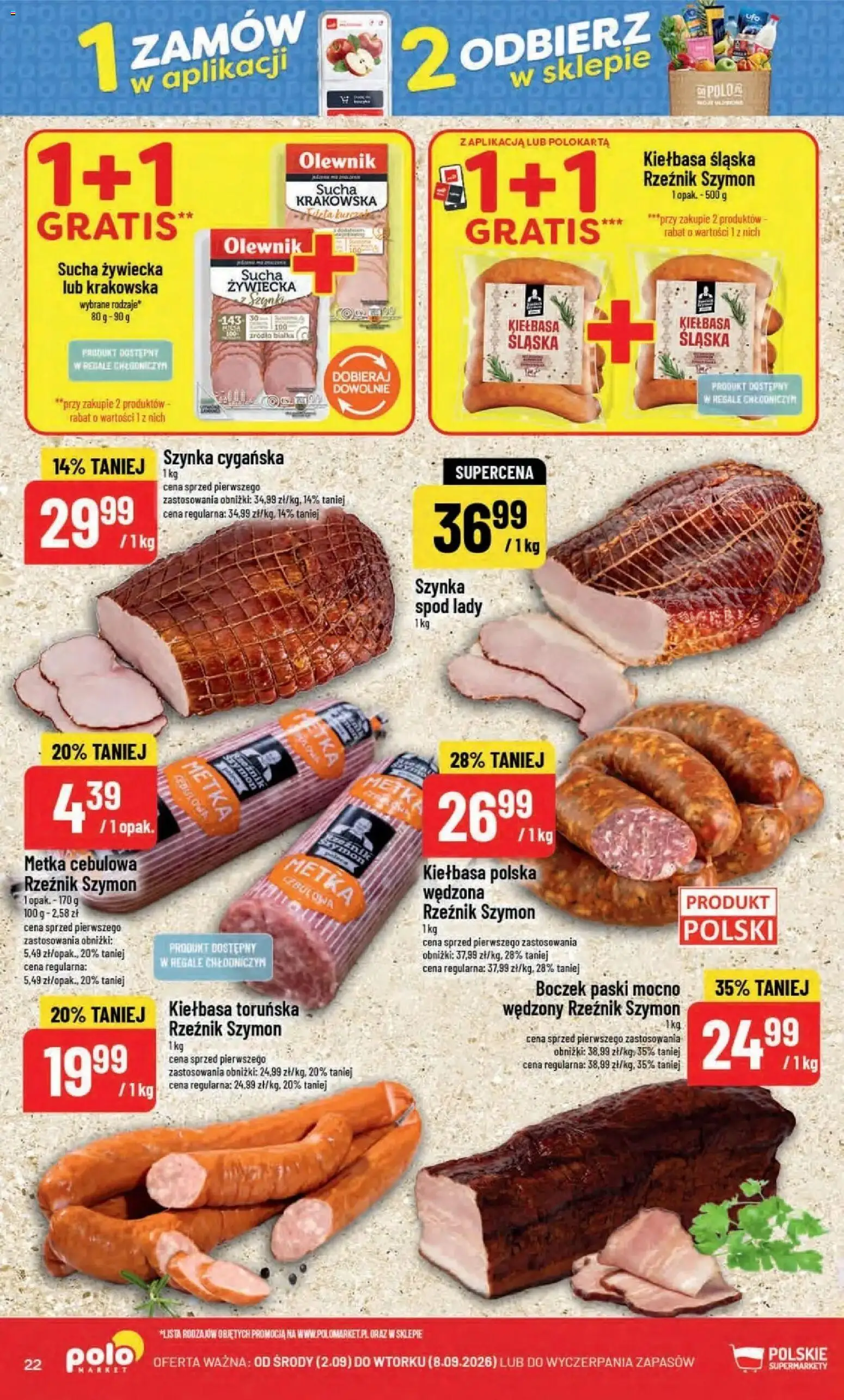 Nowa POLOmarket gazetka od jutra 02.09.2026 | Strona: 22 | Produkty: Kiełbasa, Kiełbasa toruńska, Szynka, Metka cebulowa