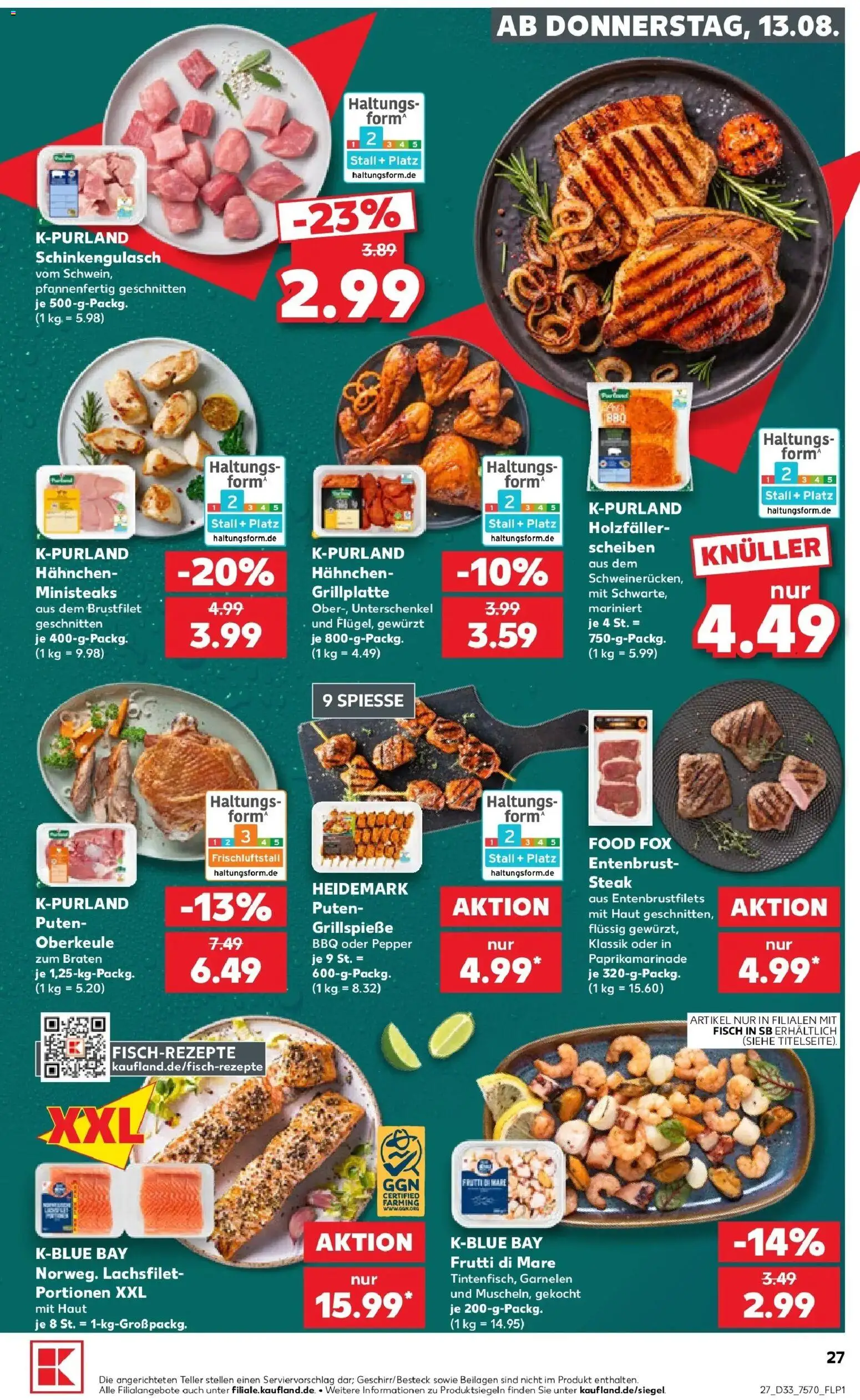 Prospekt Kaufland ab 13.08.2026 » Angebote Online zum Blättern | Seite: 27 | Produkte: Beilagen, Hahnchen, Spieße, Fisch