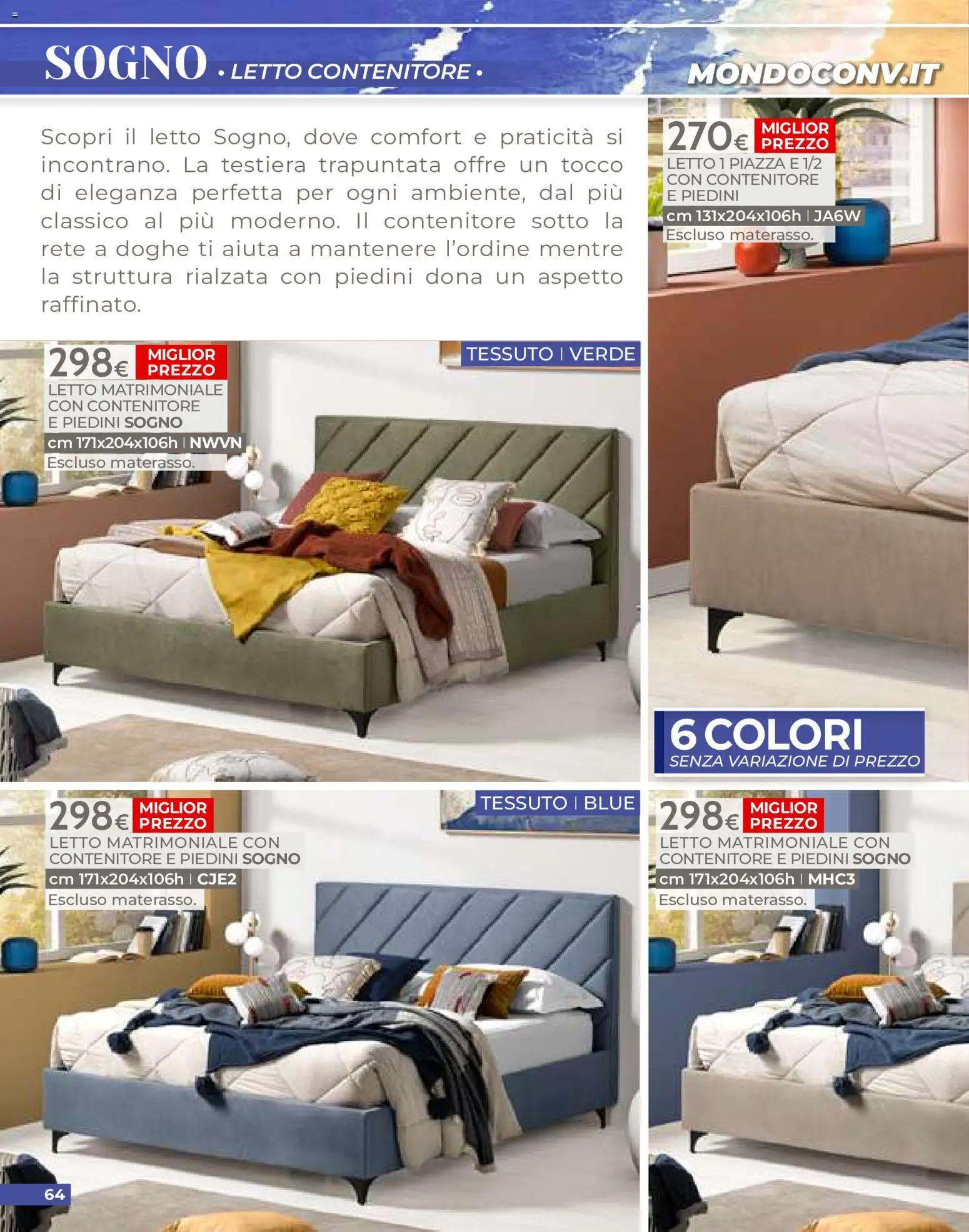 Volantino Mondo Convenienza del 01/07/2026 | Pagina: 64 | Prodotti: Letto matrimoniale, Contenitore, Letto, Materasso