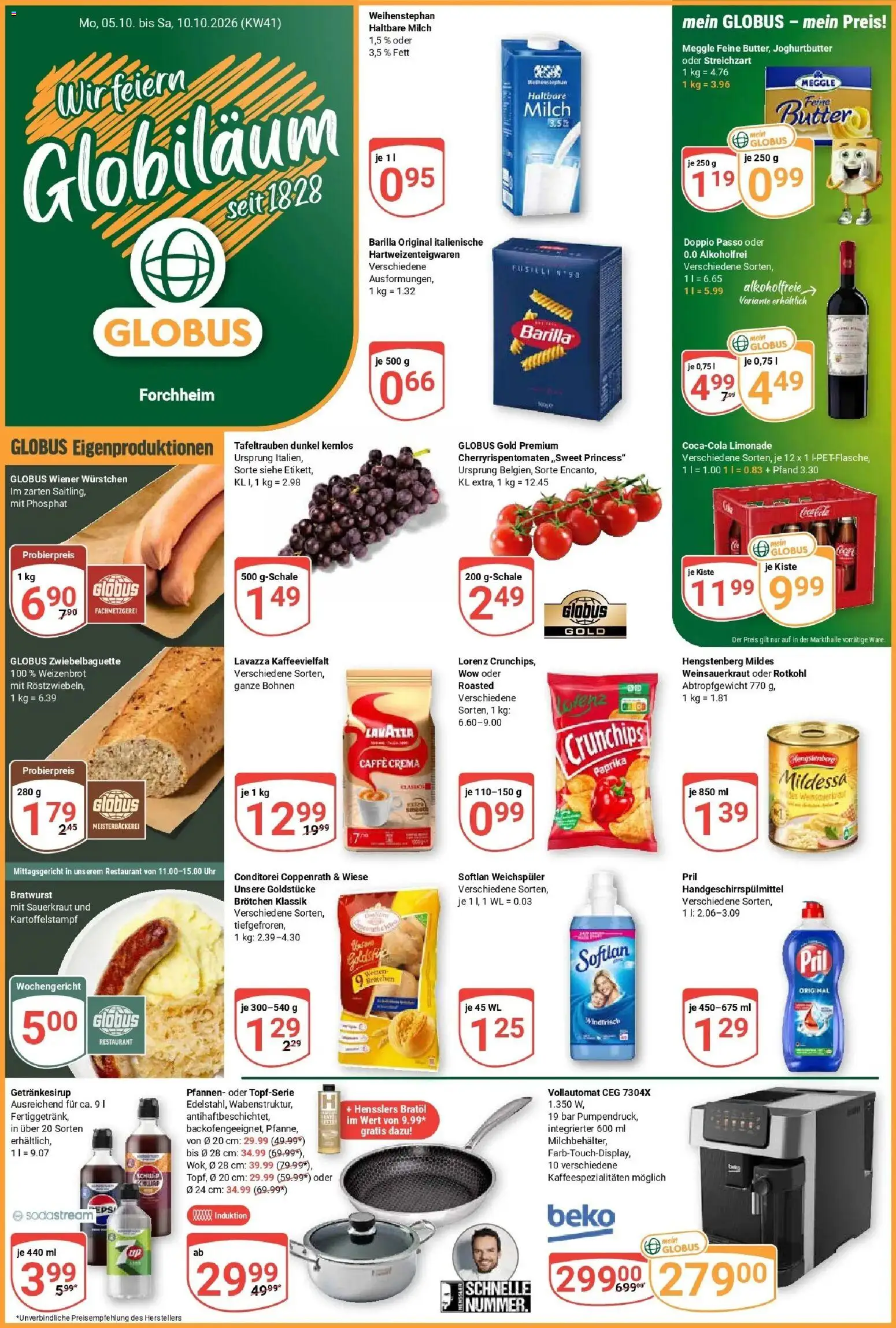 Globus Prospekt Forchheim (ab 05.10.2026) » Angebote online | Seite: 1 | Produkte: Lavazza, Barilla, Limonade, Weichspüler