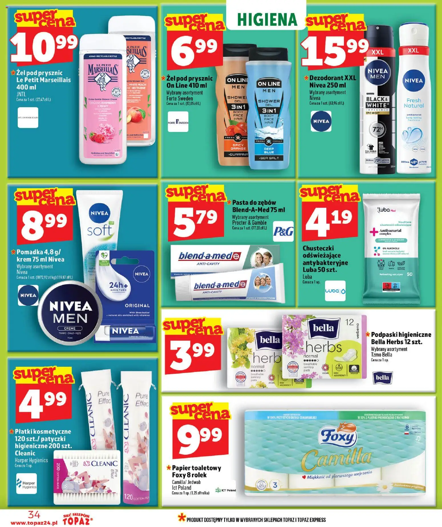 Topaz gazetka - MAZ od 16.07.2026 | Strona: 34 | Produkty: Pomadka, Body, Żel pod prysznic, Pasta do zębów