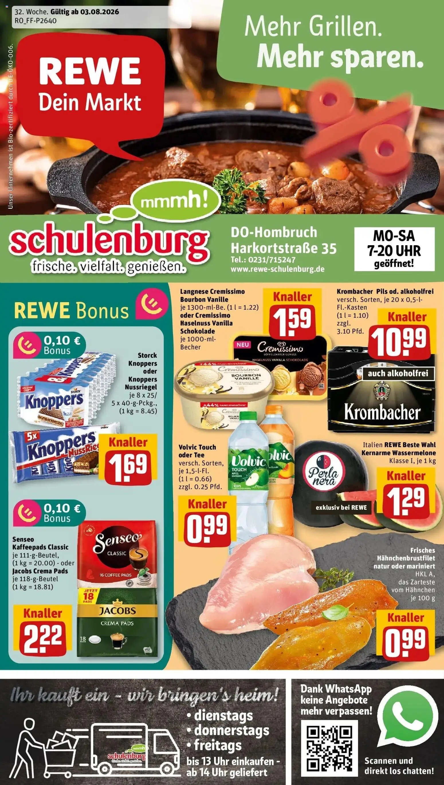 Rewe Prospekt Dortmund – gültig ab 03.08.2026 | Seite: 1 | Produkte: Senseo, Langnese cremissimo, Wassermelone, Volvic