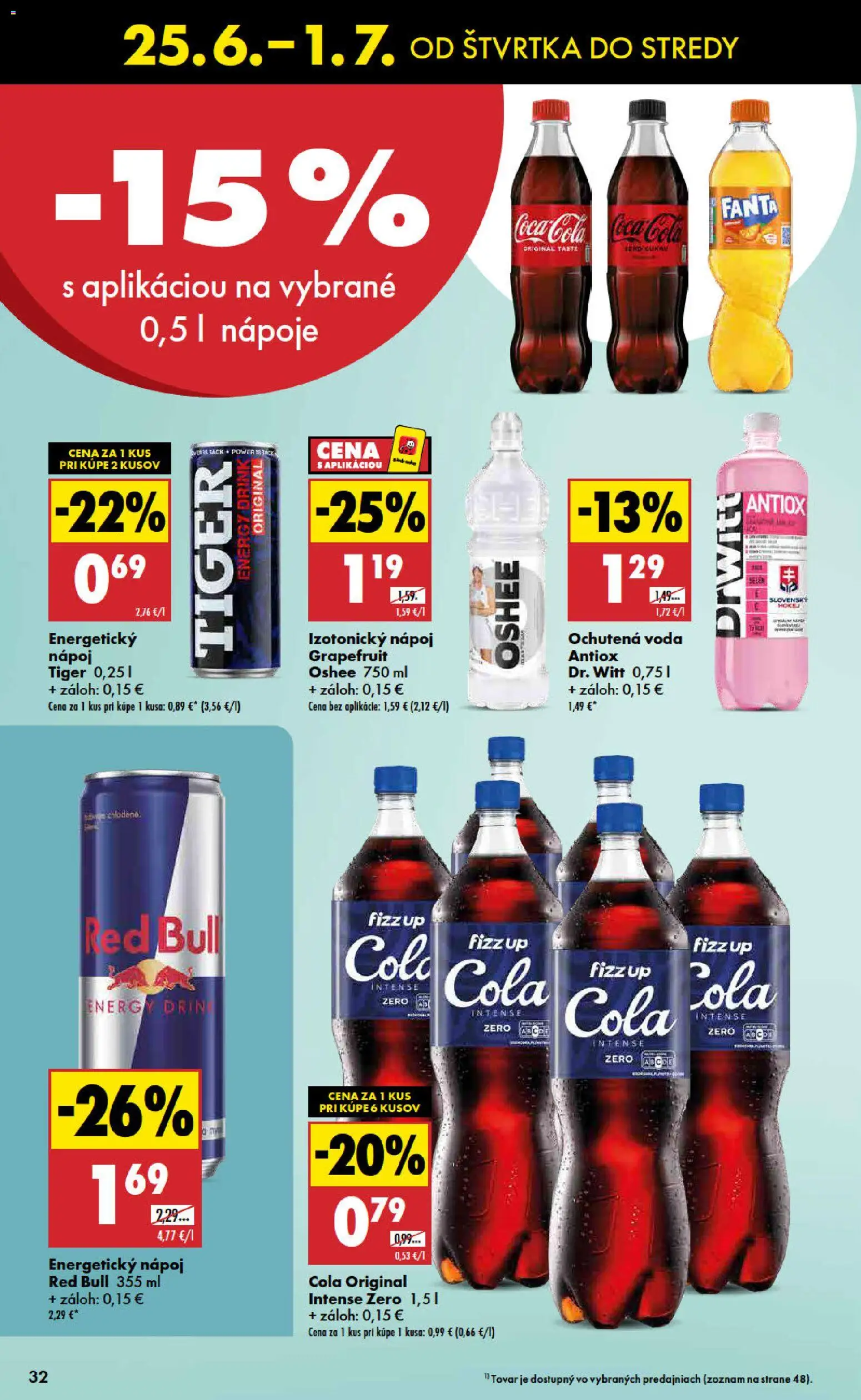 Nové Biedronka akcie – leták je platný od 25.06.2026 | Strana: 32 | Produkty: Red Bull, Fanta, Coca cola, Energetický nápoj