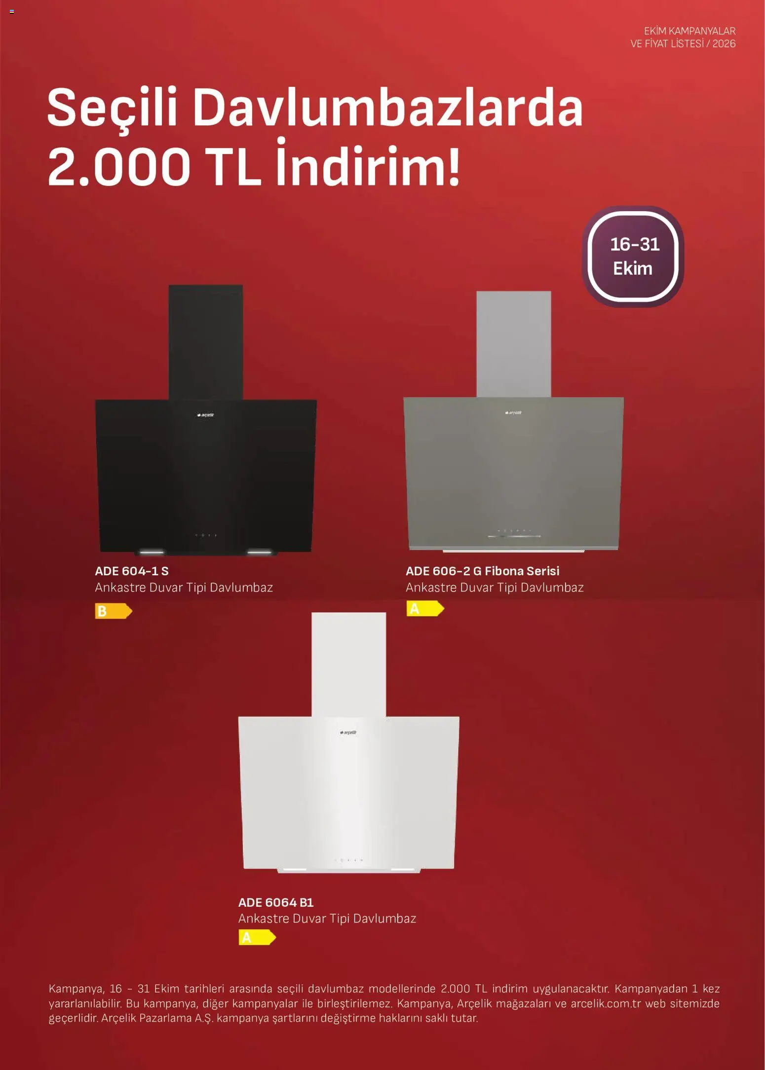 Arçelik - Ankastre Kataloğu - 16 Ekim 2026 tarihinden itibaren geçerlidir | Sayfa: 7 | Ürünler: Davlumbaz
