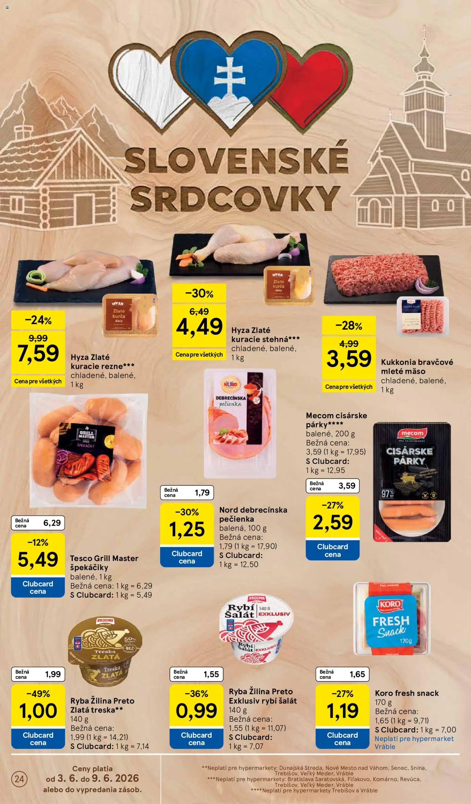 Nové Tesco akcie – leták je platný od 03.06.2026 | Strana: 24 | Produkty: Kuracie rezne, Kuracie stehná, Špekáčiky, Rezne