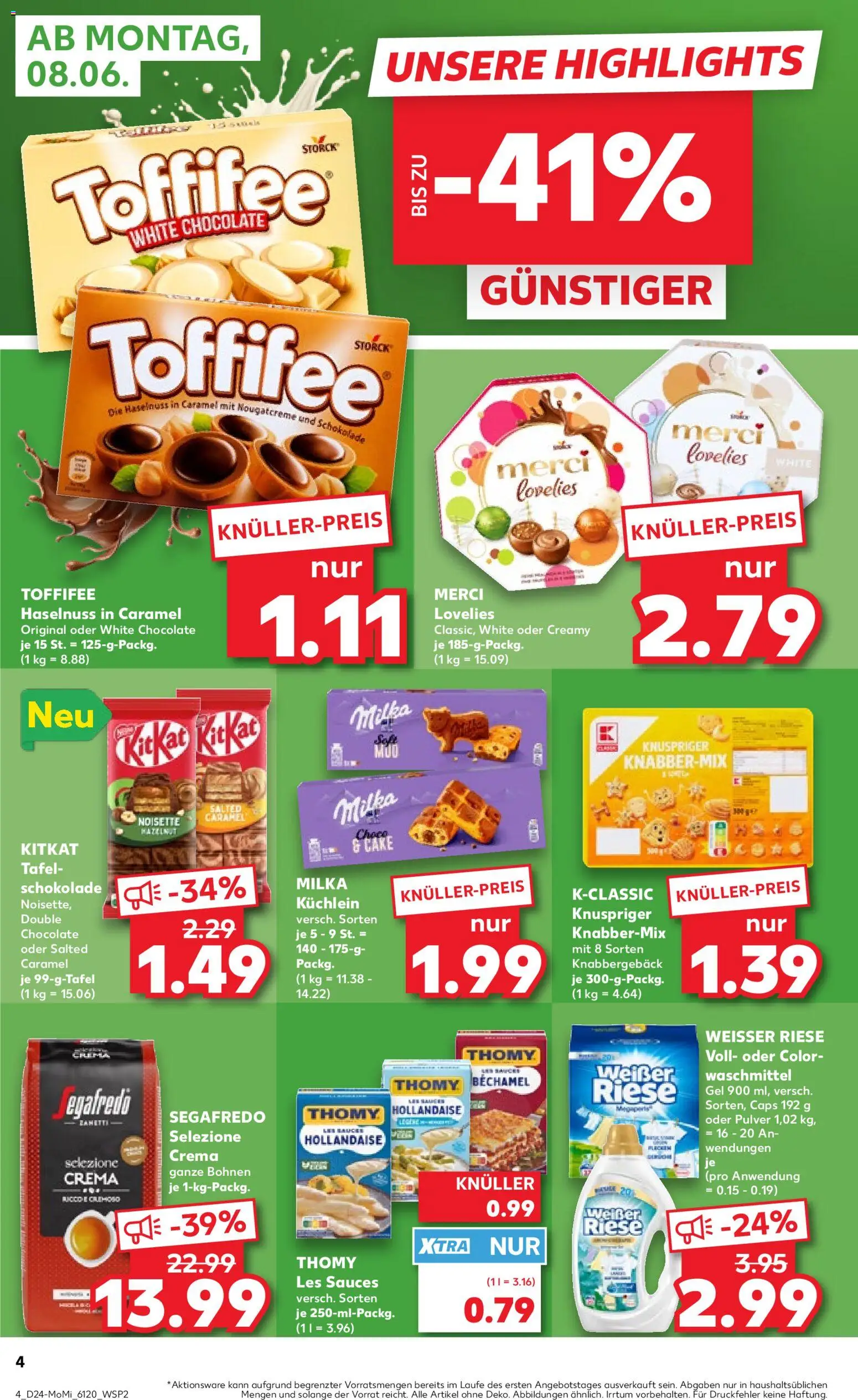 Kaufland Prospekt Bremen – gültig ab 08.06.2026 | Seite: 4 | Produkte: Merci, Thomy les sauces, Toffifee, Segafredo