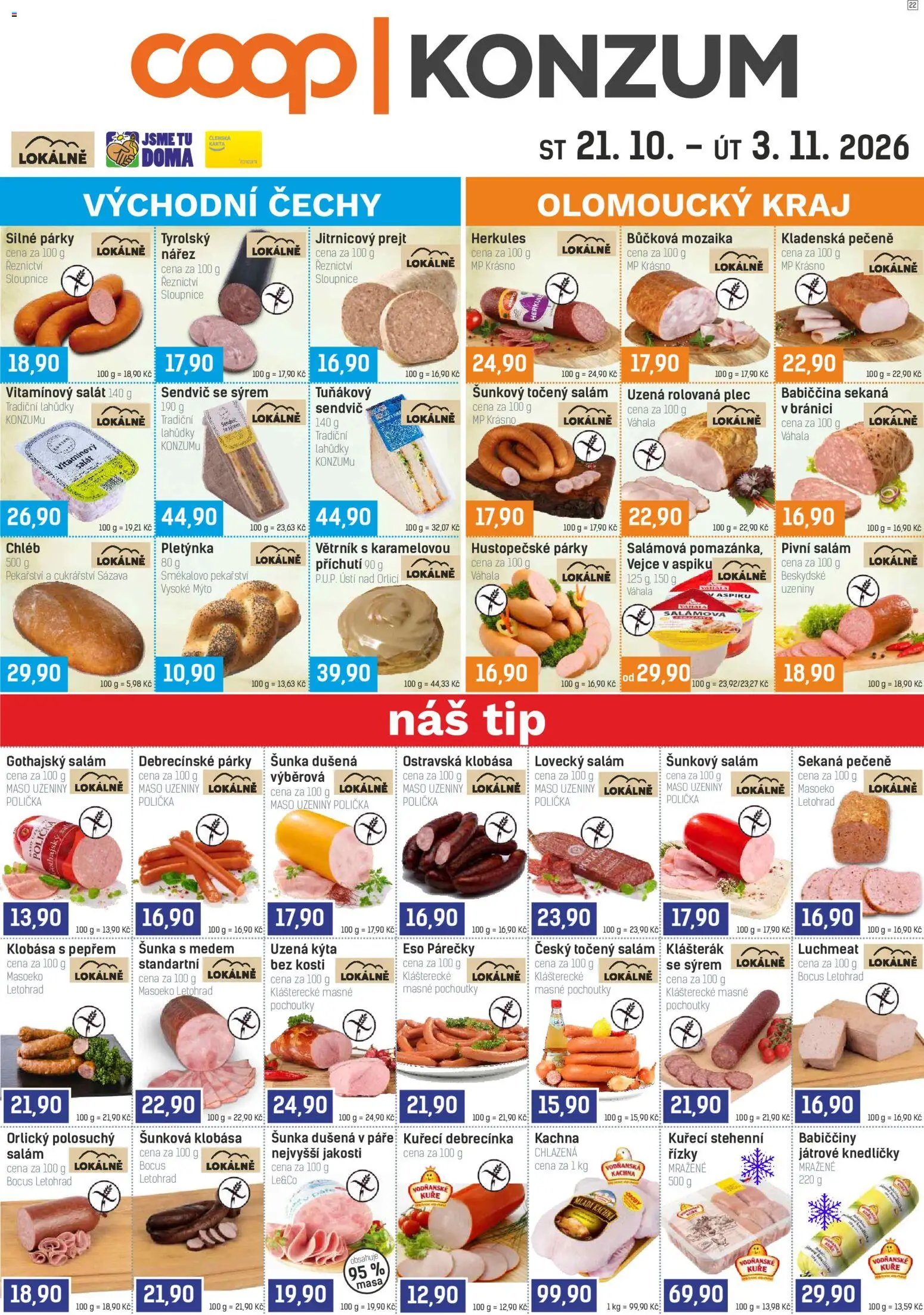 Konzum leták od 21.10.2026 | Strana: 1 | Produkty: Řízky, Kuřecí debrecínka, Sekaná, Vejce v aspiku