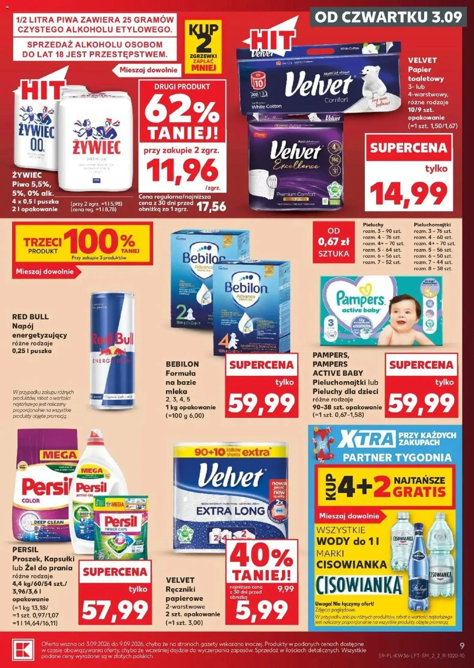 Kaufland gazetka od 03.09.2026 - od jutra PDF | Strona: 9 | Produkty: Cisowianka, Papier toaletowy, Żel do prania, Pieluchy