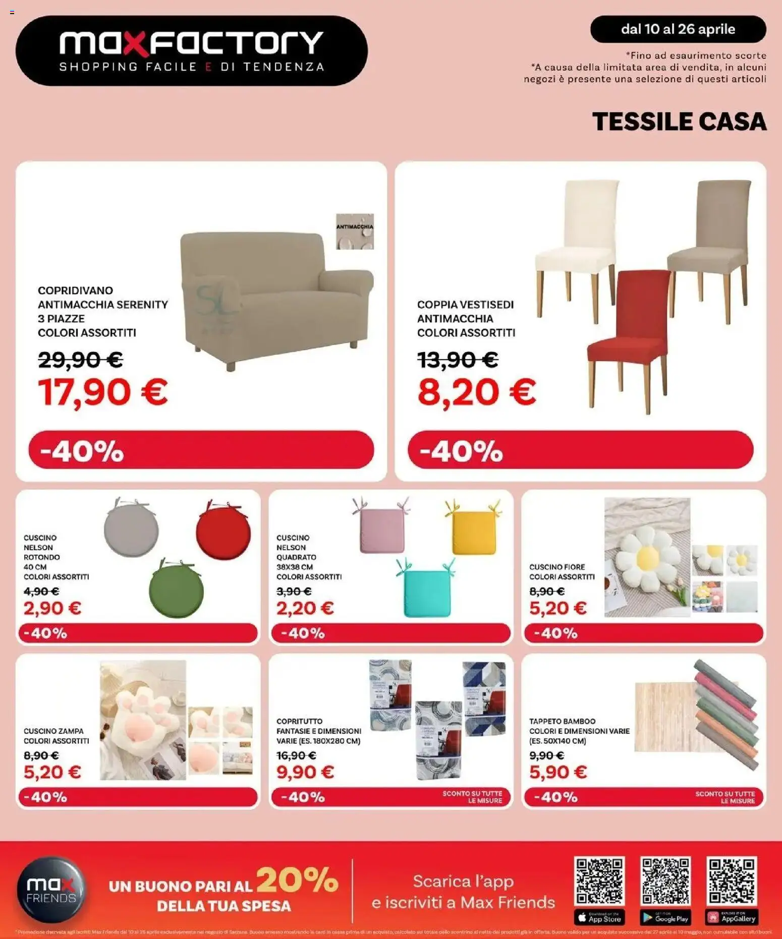 Volantino Max Factory del 10.04.2026 | Pagina: 12 | Prodotti: Copridivano, Cuscino, Tappeto
