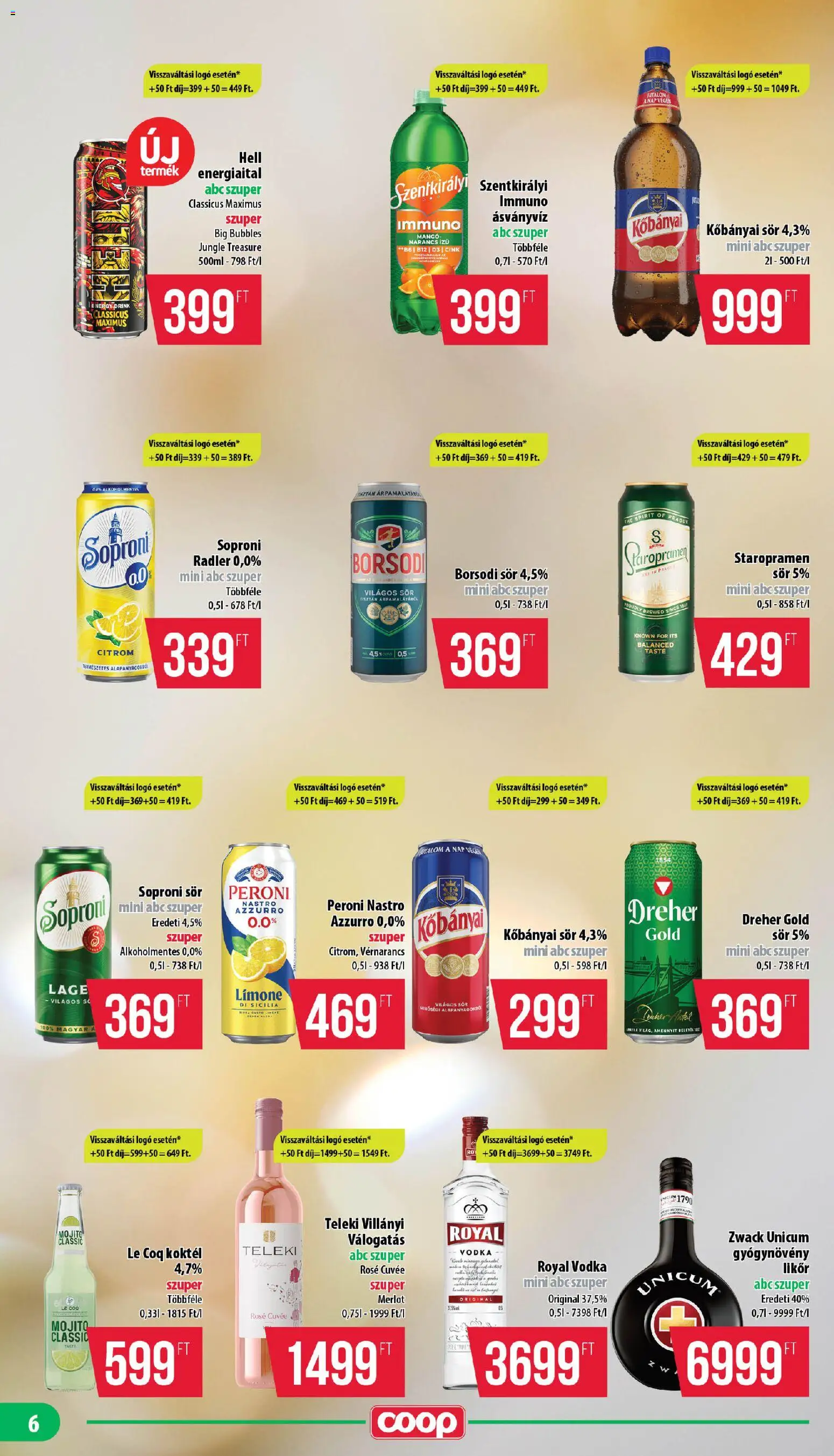 COOP akciós ujság - amely érvényes a következő dátumtól: 2026.08.13. | Oldal: 6 | Termékek: Soproni sör, Sör, Koktél, Vodka