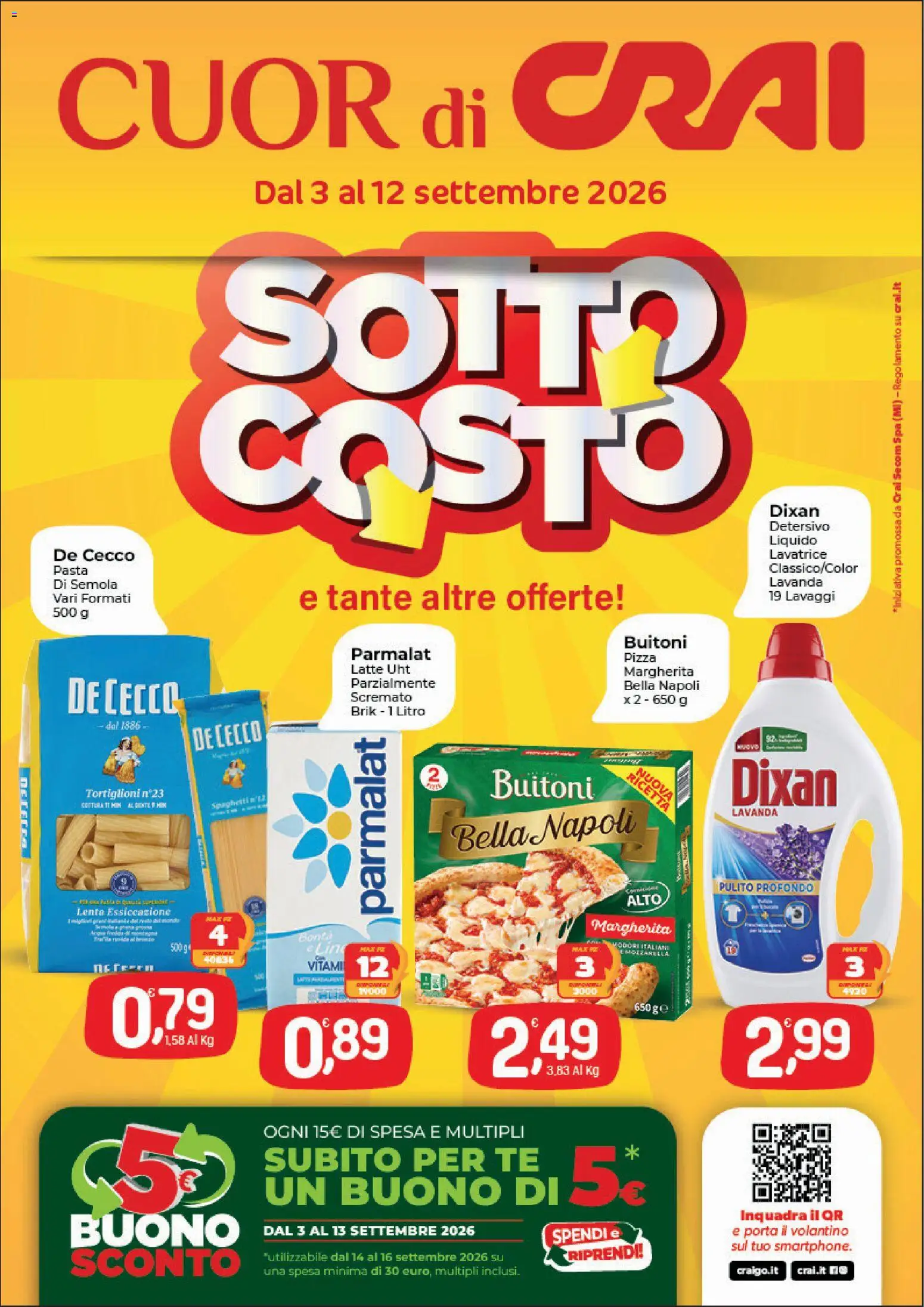 Volantino CRAI del 03/09/2026 | Pagina: 1 | Prodotti: De Cecco, Latte, Lavatrice, Semola