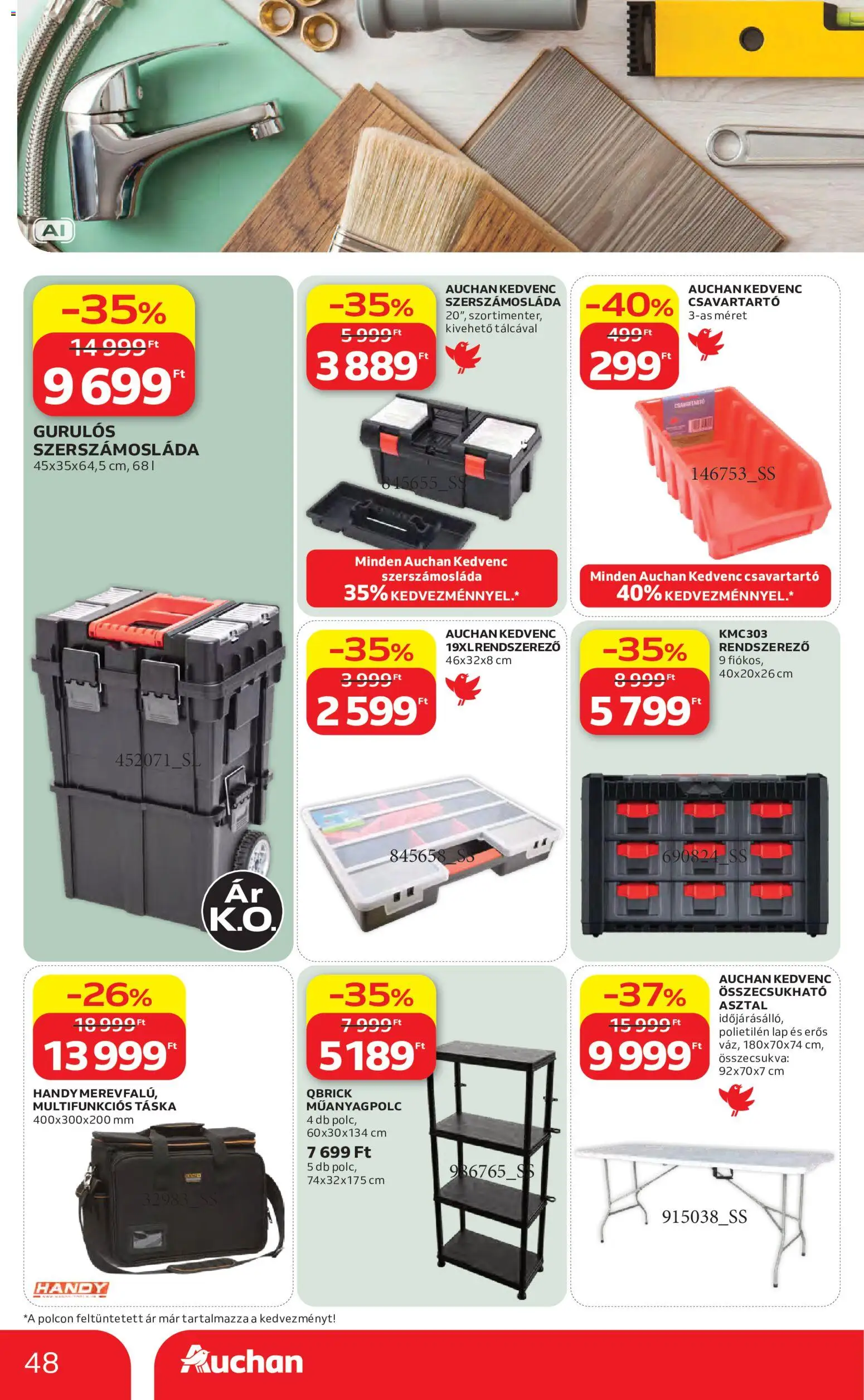 Auchan akciós ujság - amely érvényes a következő dátumtól: 2026.08.27. | Oldal: 48 | Termékek: Összecsukható asztal, Rendszerező, Asztal, Szerszámosláda