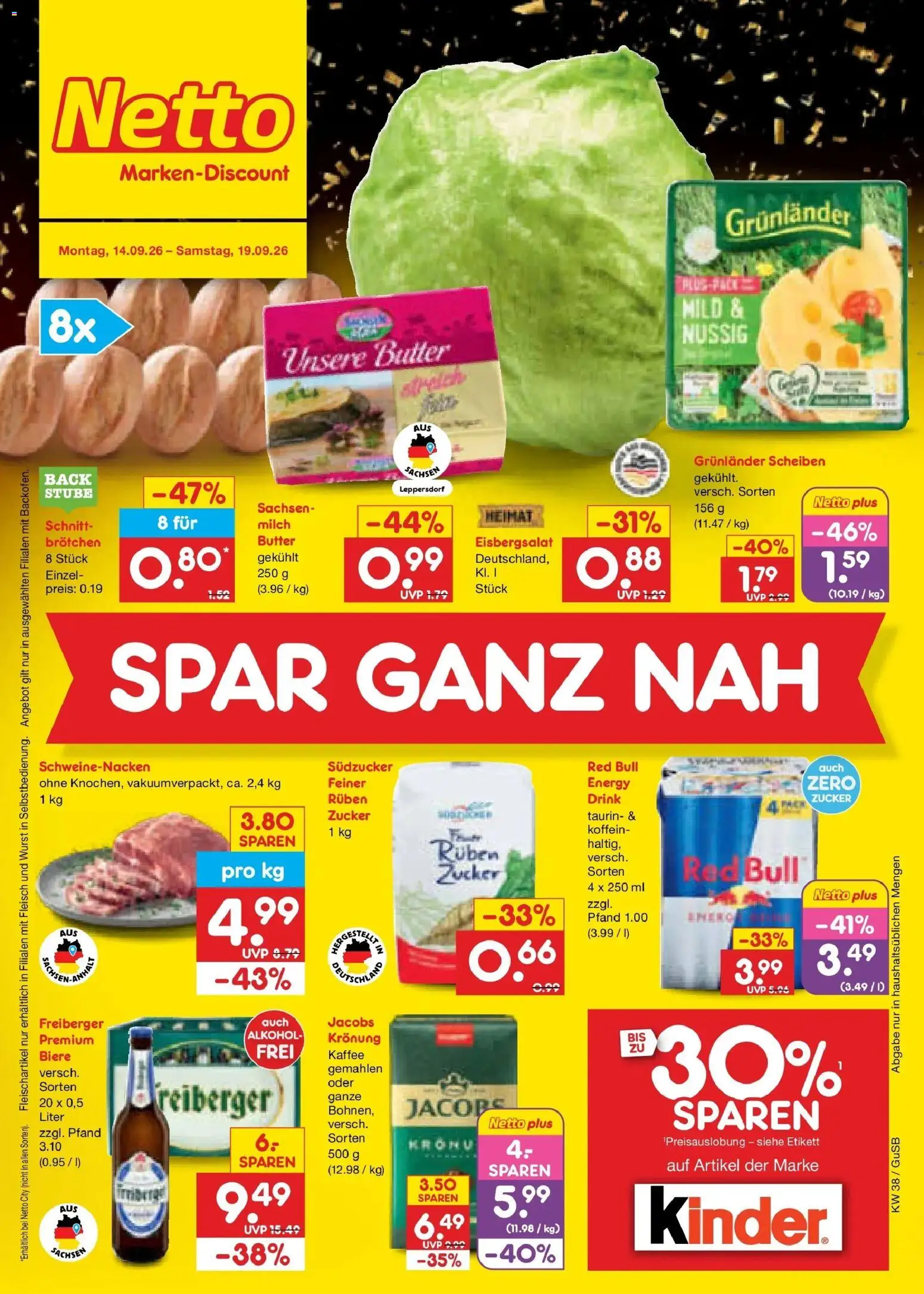 Netto Marken-Discount Prospekt Machern – gültig ab 14.09.2026 | Seite: 1 | Produkte: Milch, Kaffee, Grunlander, Zucker
