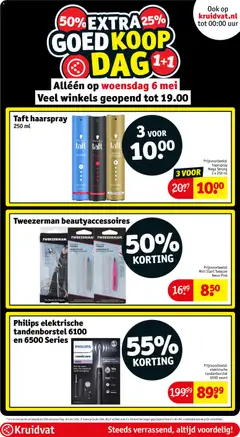 Philips elektrische tandenborstel 6100 en 6500 Series, Philips Sonicare 6100 and 6500 Series electric toothbrush. Prijsvoorbeeld: elektrische tandenborstel 6500 zwart - Voorbeeld van een folder van Kruidvat, geldig van 05.05.2026 | Pagina: 36 | Producten: Tandenborstel, Kan, Elektrische tandenborstel, Haarspray