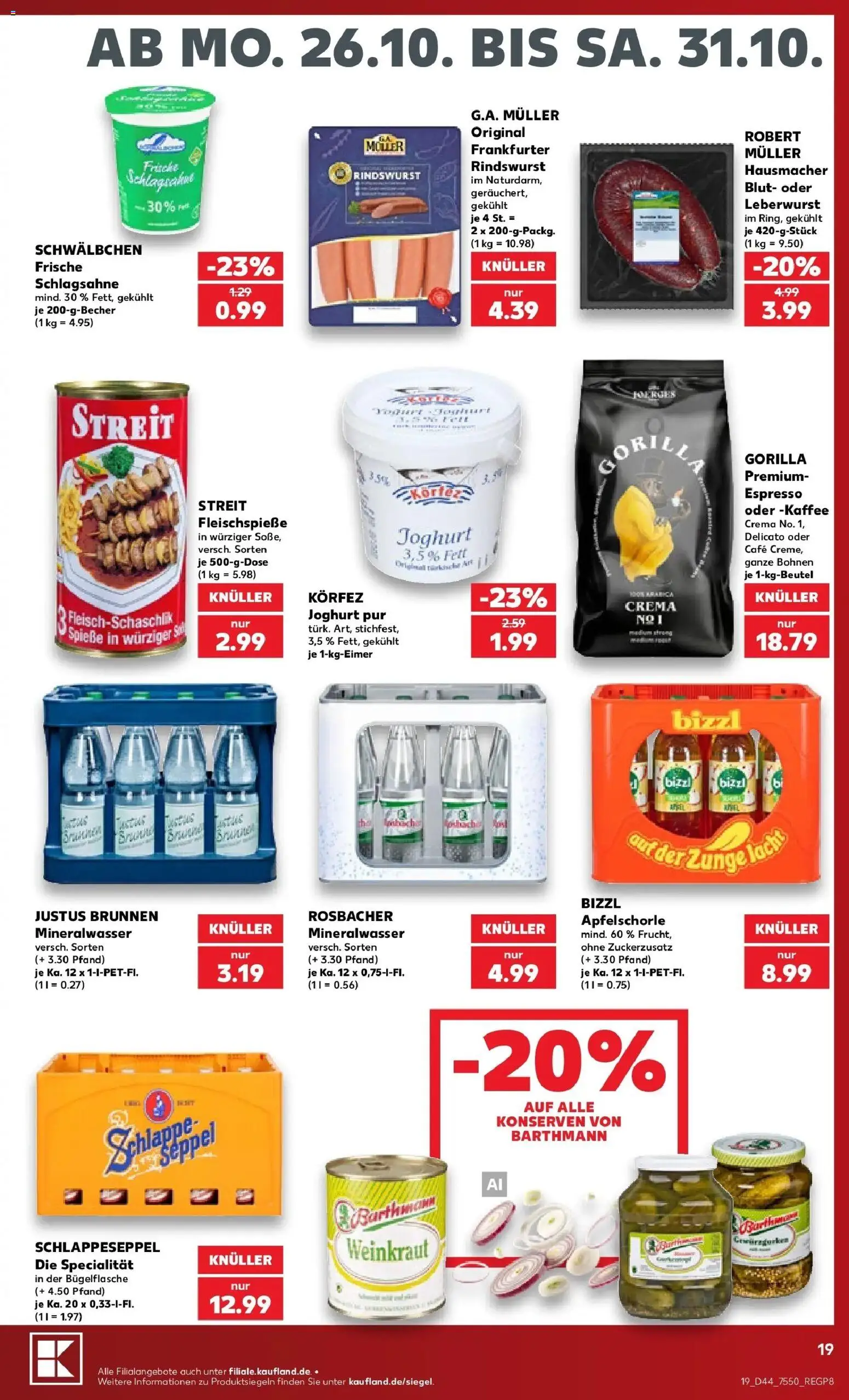Prospekt Kaufland ab 26.10.2026 » Angebote Online zum Blättern | Seite: 23 | Produkte: Schlagsahne, Joghurt, Spieße, Mineralwasser