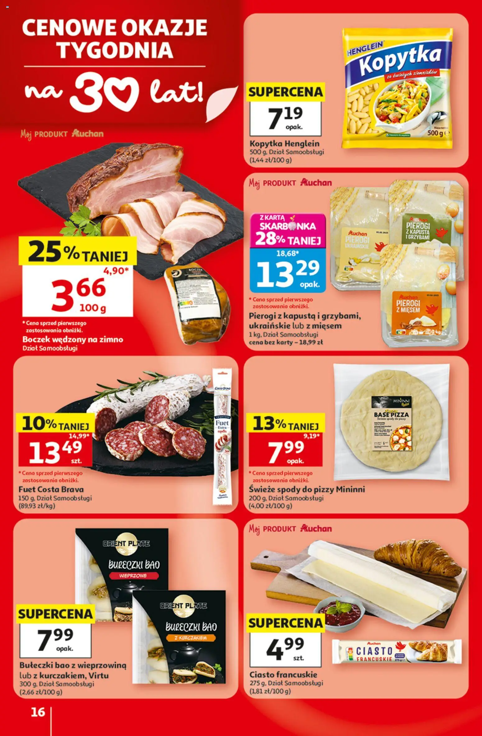 Auchan gazetka - 30 Lat Hipermarket od 09.07.2026 | Strona: 16 | Produkty: Fuet, Pizza, Wieprzowina, Kopytka