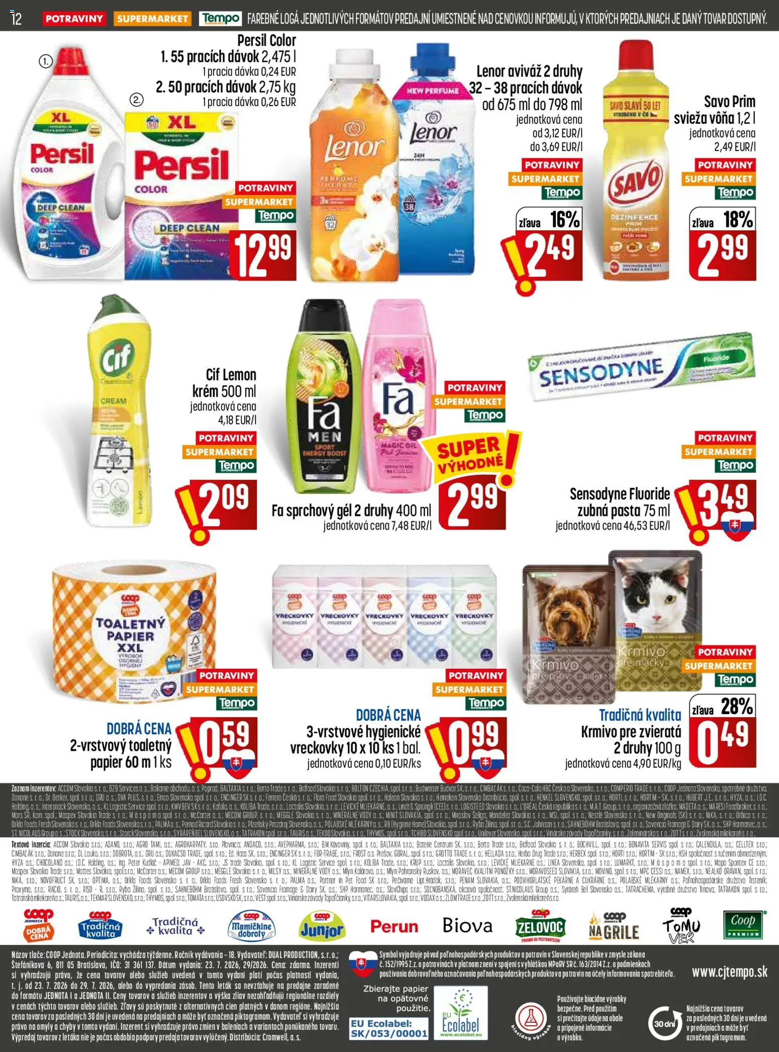 Nové COOP Jednota akcie – leták je platný od 23.07.2026 | Strana: 12 | Produkty: Budvar, Sprchový gél, Zubná pasta, Flora