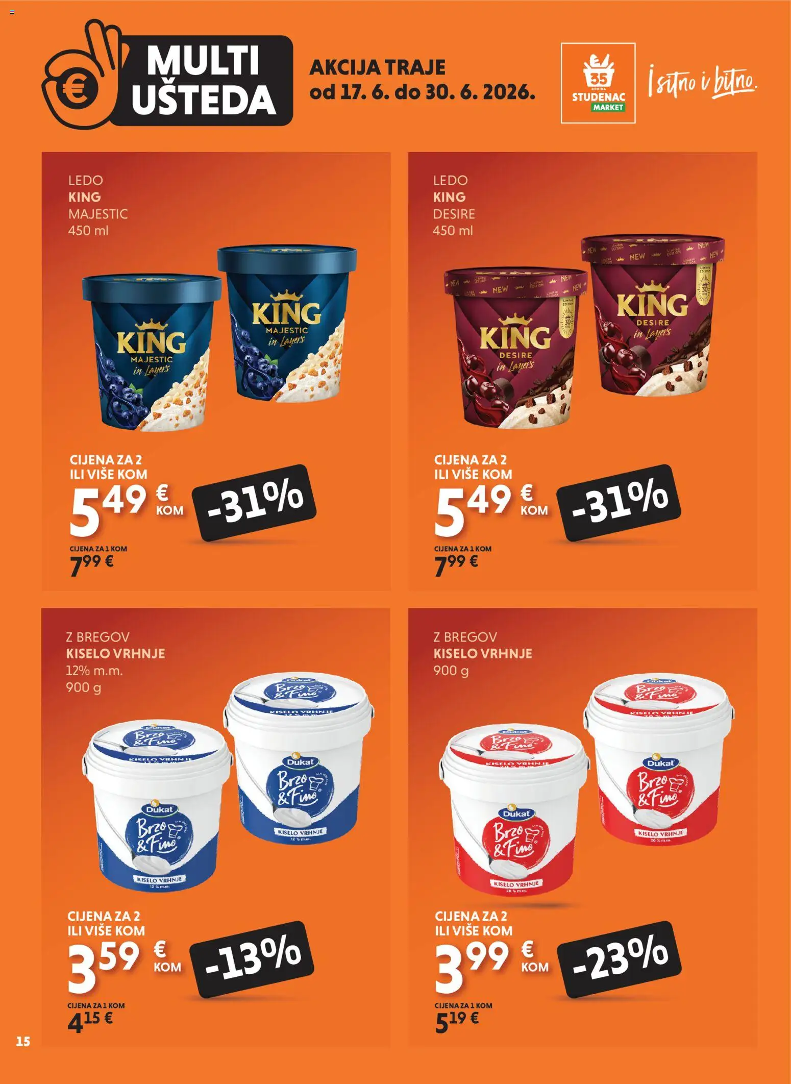 Studenac katalog | vrijedi od 17.06.2026 | Stranica: 15 | Proizvodi: Kiselo vrhnje, Ledo