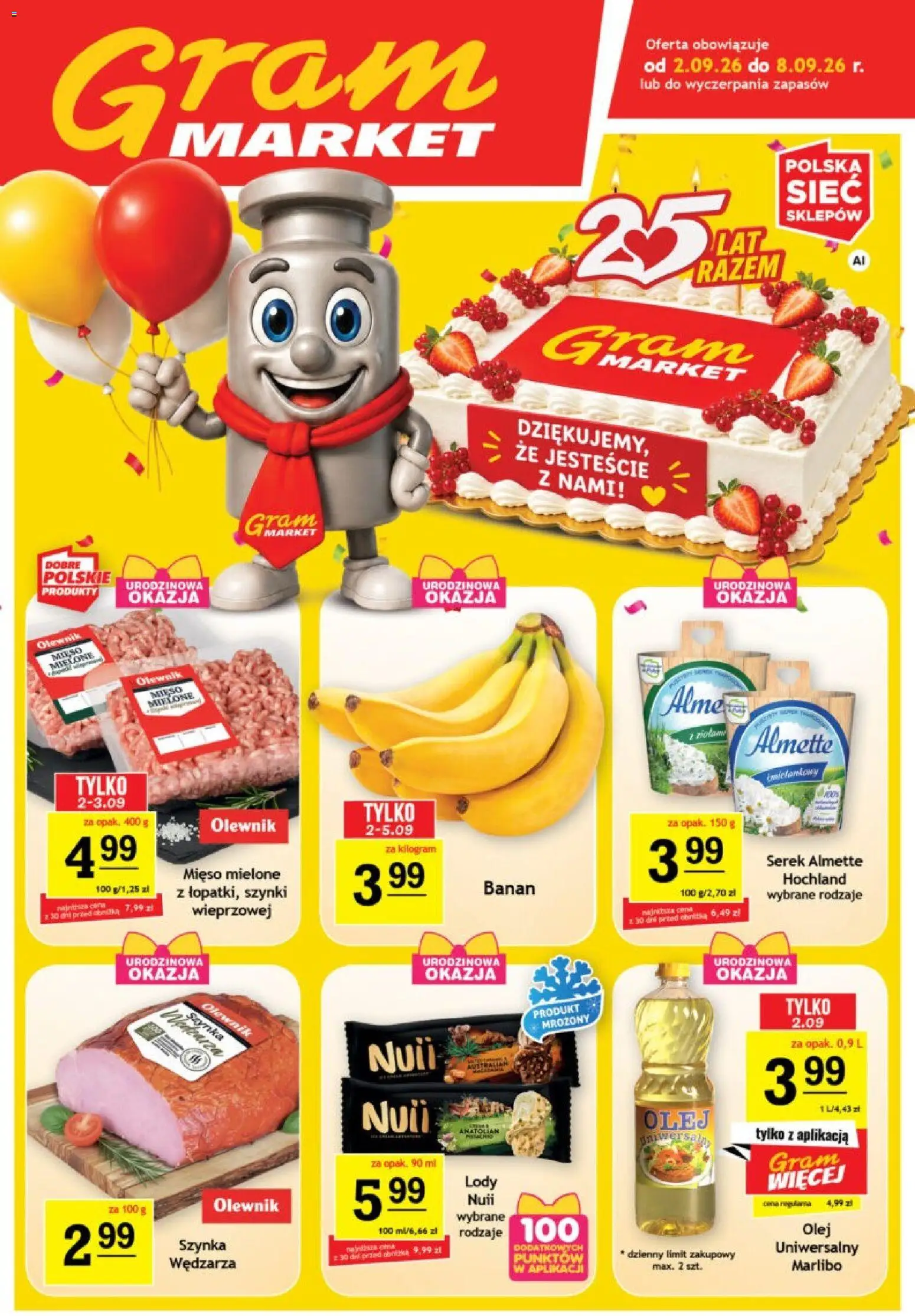 Gram Market gazetka od 02.09.2026 | Strona: 1 | Produkty: Mięso mielone, Szynka, Almette, Banan