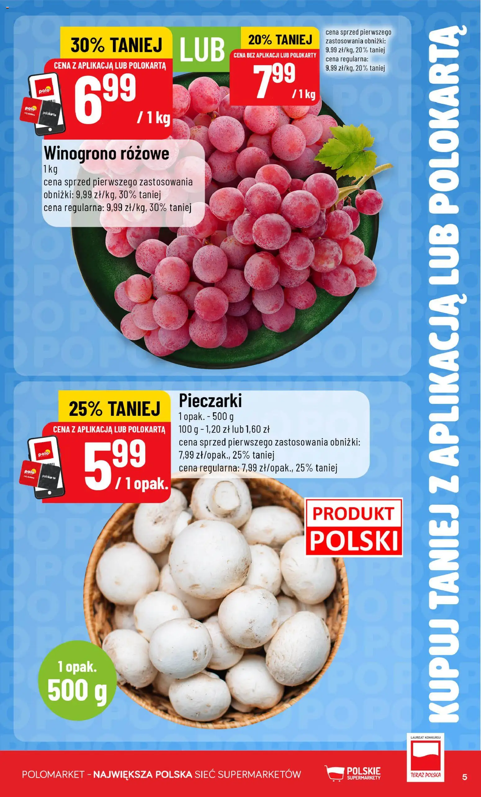 Nowa POLOmarket gazetka od jutra 16.09.2026 | Strona: 5 | Produkty: Winogrono, Pieczarki