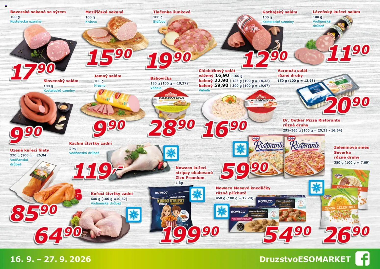 Eso market leták od 16.09.2026 | Strana: 3 | Produkty: Salám, Kuřecí čtvrtky, Sekaná, Zeleninová směs
