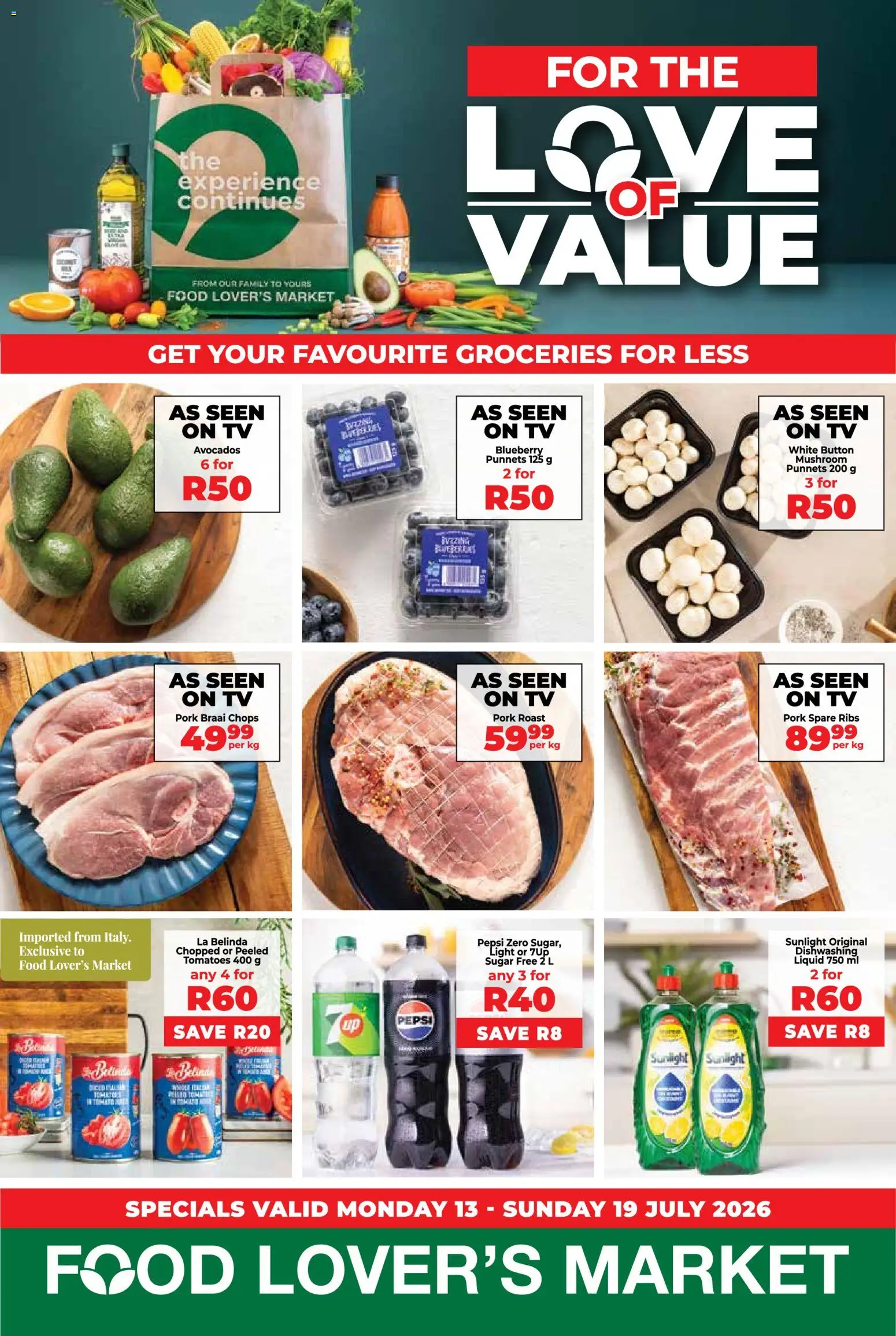 New Food Lover's Market catalogue – valid from 13/07/2026 | Page: 1 | Products: Ribs, Light, Pork, Sugar