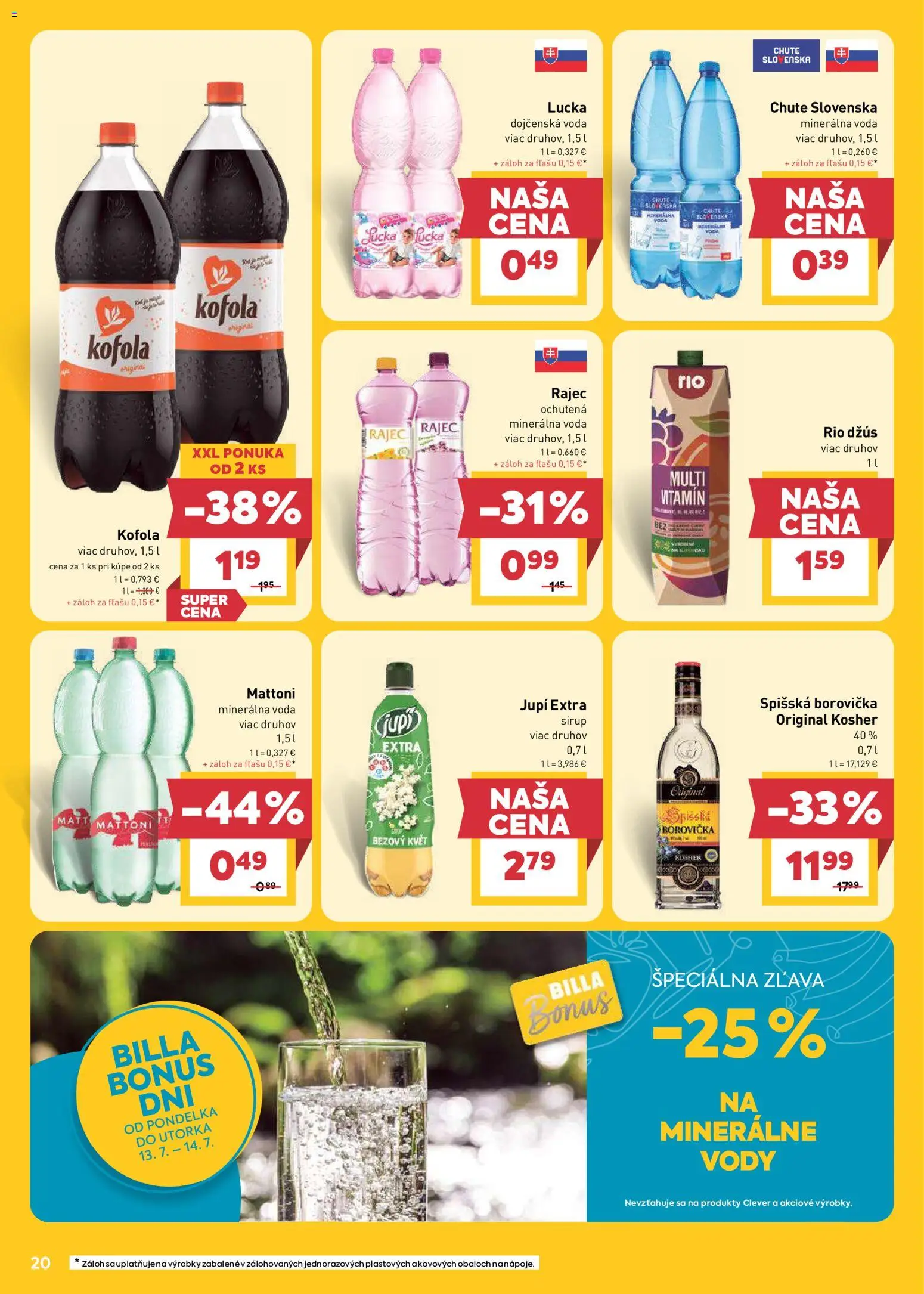 Nové Billa akcie – leták je platný od 08.07.2026 | Strana: 20 | Produkty: Lucka, Kačka, Minerálna voda, Cola