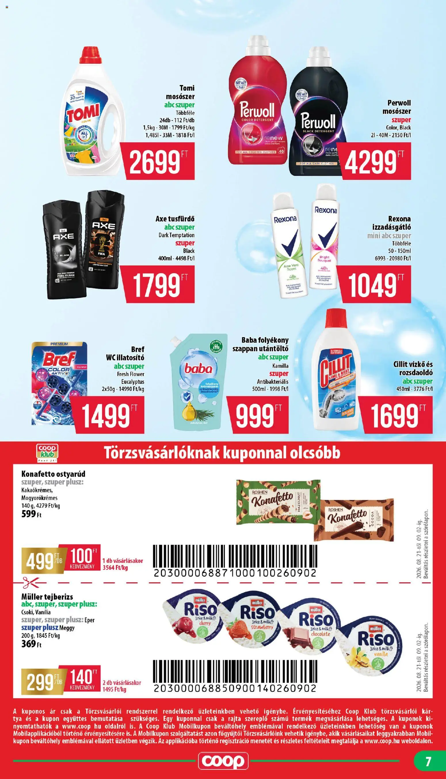 COOP akciós ujság - amely érvényes a következő dátumtól: 2026.08.21. | Oldal: 7 | Termékek: Bref, Meggy, Tusfürdő, Roshen