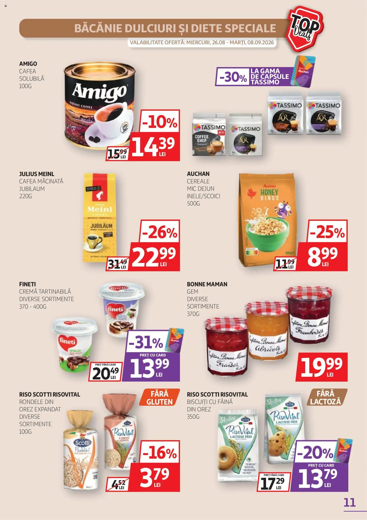 Noul catalog Auchan – valabil de la 26.08.2026 | Pagină: 11 | Produse: Cafea macinata, Cremă, Făină, Biscuiți