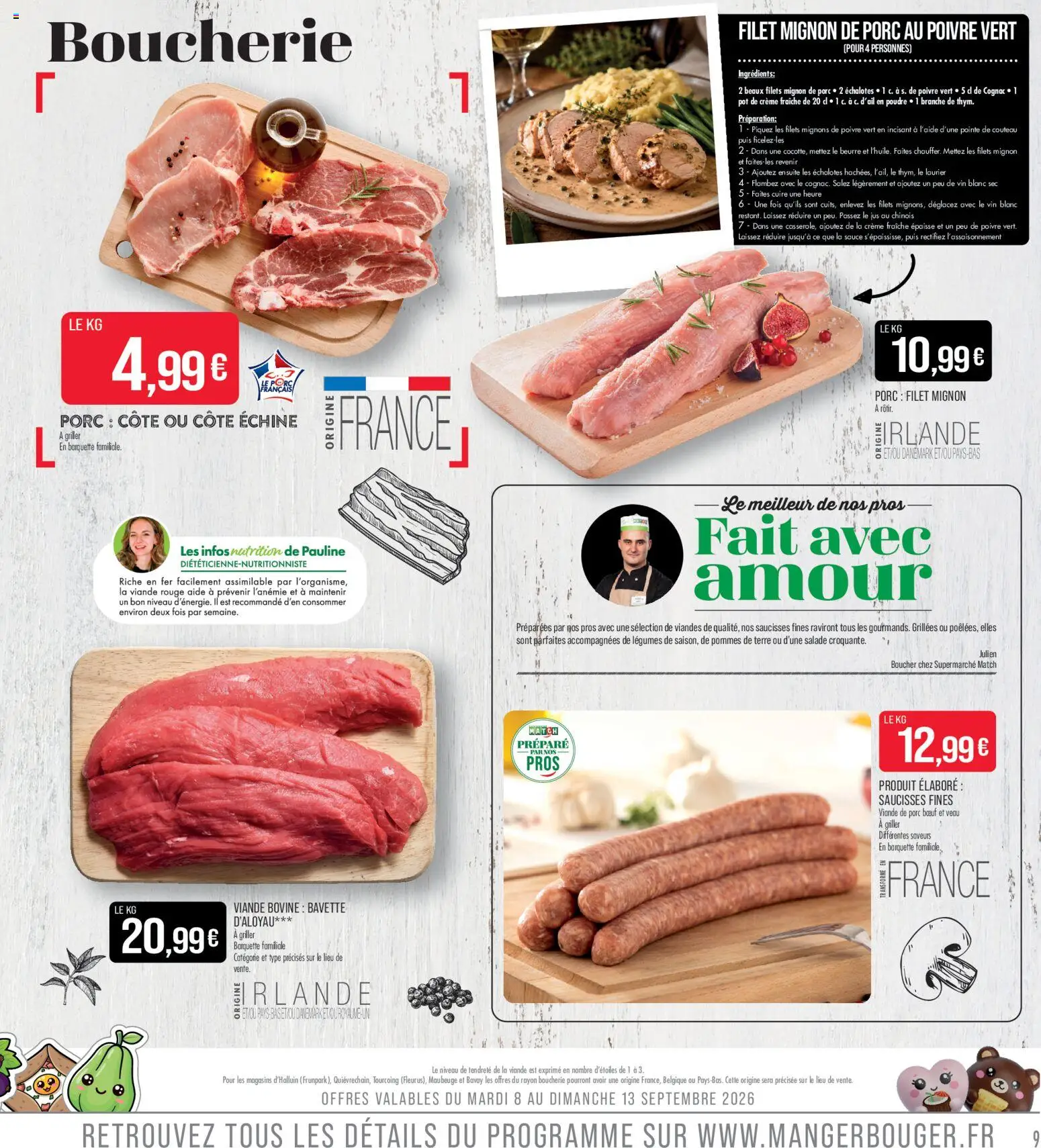 {H1} | Page: 9 | Produits: Salade, Saucisses, Bavette, Porc filet mignon