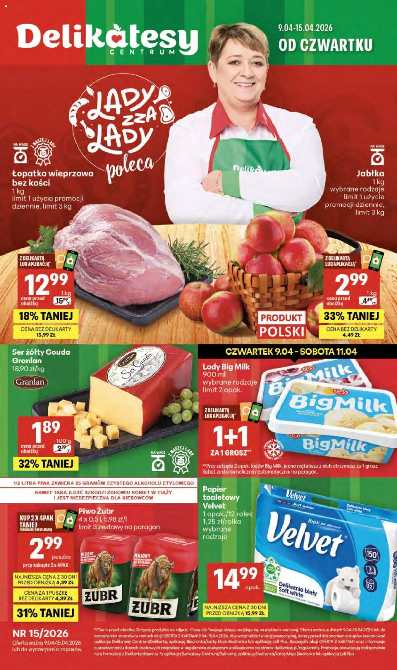 Delikatesy Centrum gazetka od 09.04.2026 | Strona: 1 | Produkty: Piwo żubr, Ser żółty, Jabłka, Lody