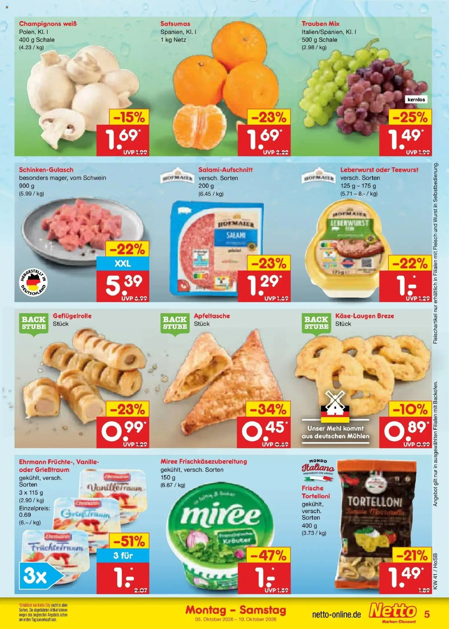 Netto Marken-Discount Prospekt Hannover – gültig ab 05.10.2026 | Seite: 5 | Produkte: Mehl, Trauben, Champignons, Wurst