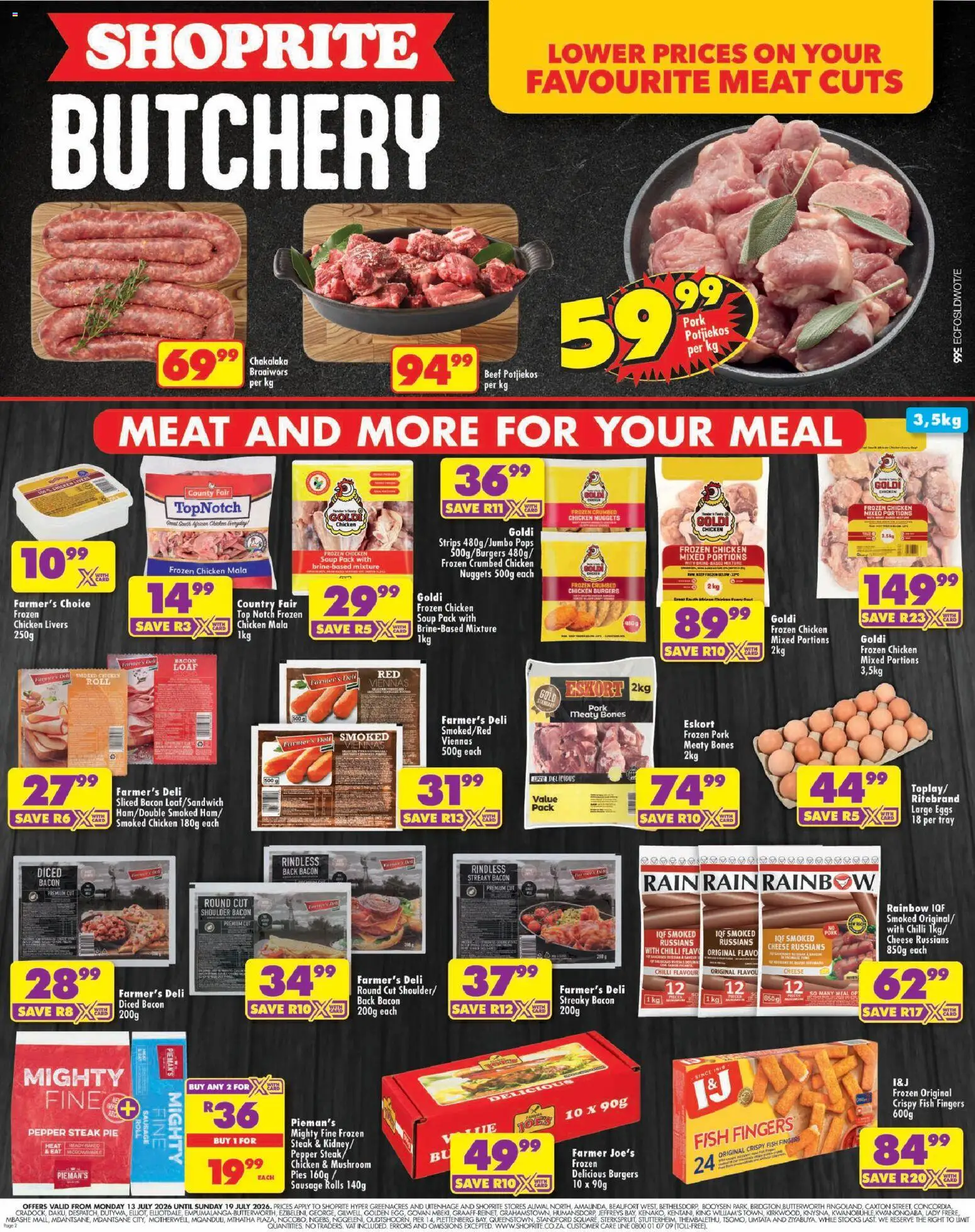 New Shoprite catalogue – valid from 13/07/2026 | Page: 2 | Products: Eggs, Fish, Burgers, Bacon