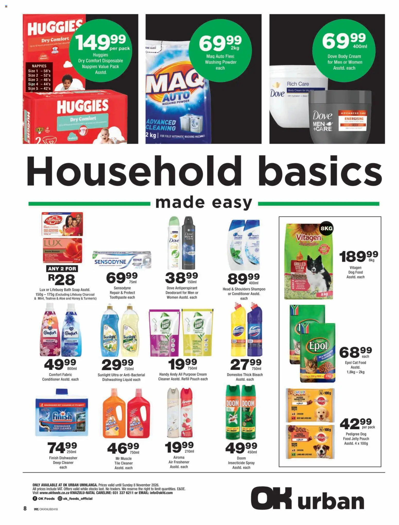 New OK Foods catalogue – valid from 23/10/2026 | Page: 8 | Products: Conditioner, Body cream, Washing powder, Dishwashing liquid