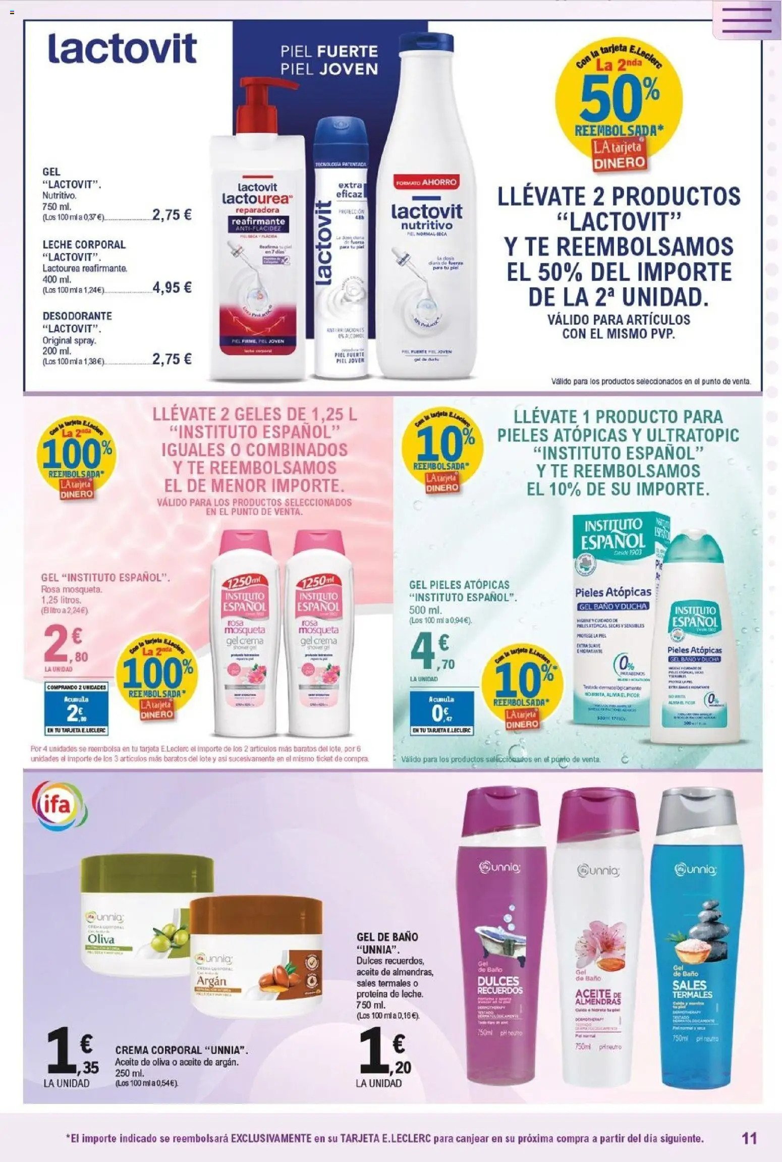 E.Leclerc Resalta tu belleza │ válido desde el 20.05.2026 | Página: 11 | Productos: Leche corporal, Desodorante, Gel de baño, Aceite