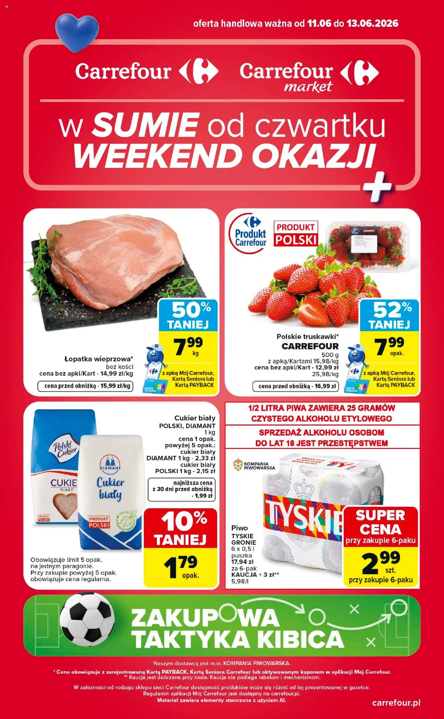 Carrefour gazetka - Weekend okazji od 11.06.2026 | Strona: 1 | Produkty: Karta, Cukier biały, Piwo, Cukier