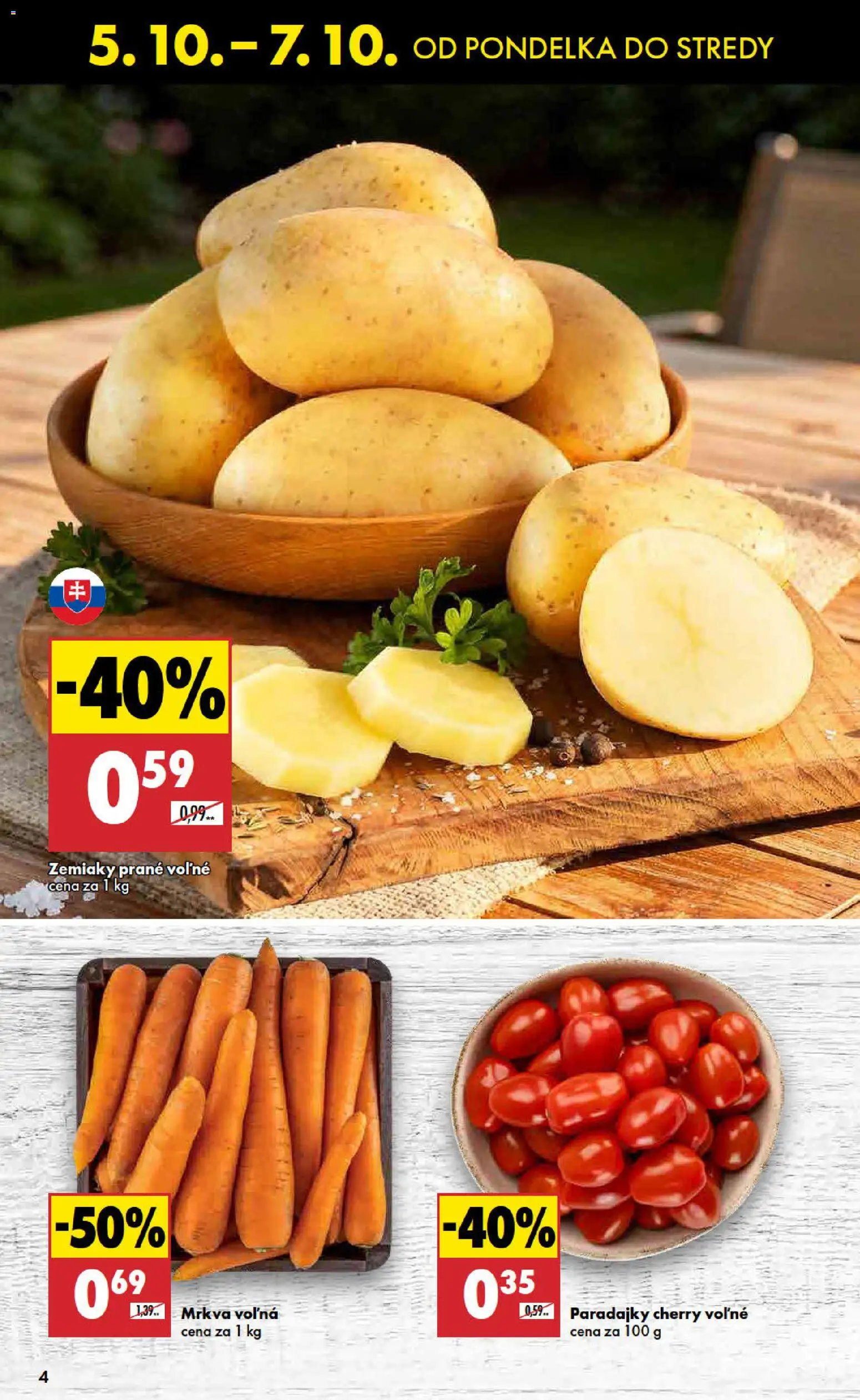 Nové Biedronka akcie – leták je platný od 05.10.2026 | Strana: 4 | Produkty: Paradajky, Mrkva, Zemiaky