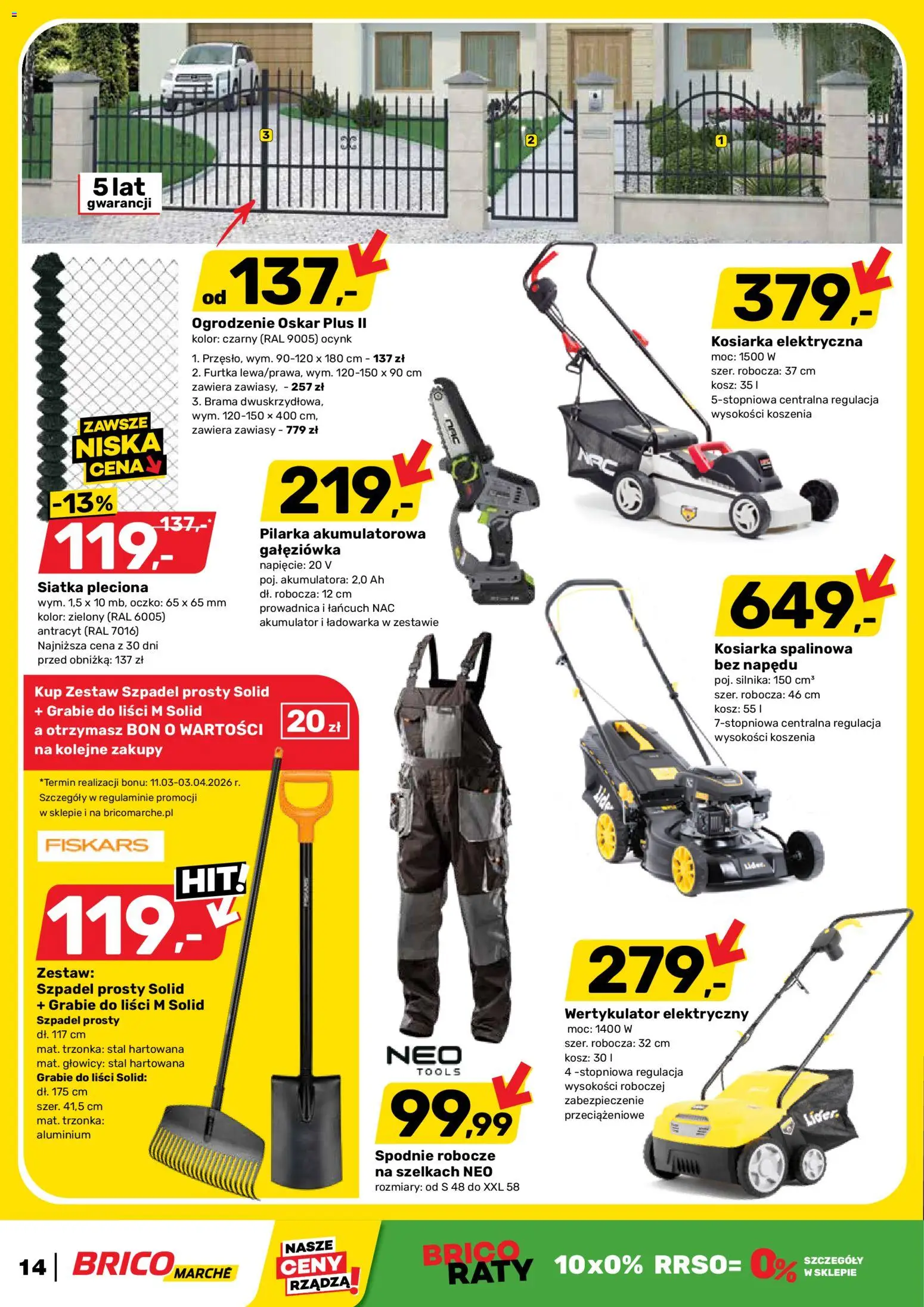Brico Marché gazetka od 11.03.2026 | Strona: 14 | Produkty: Spodnie, Ładowarka, Kosiarka, Siatka