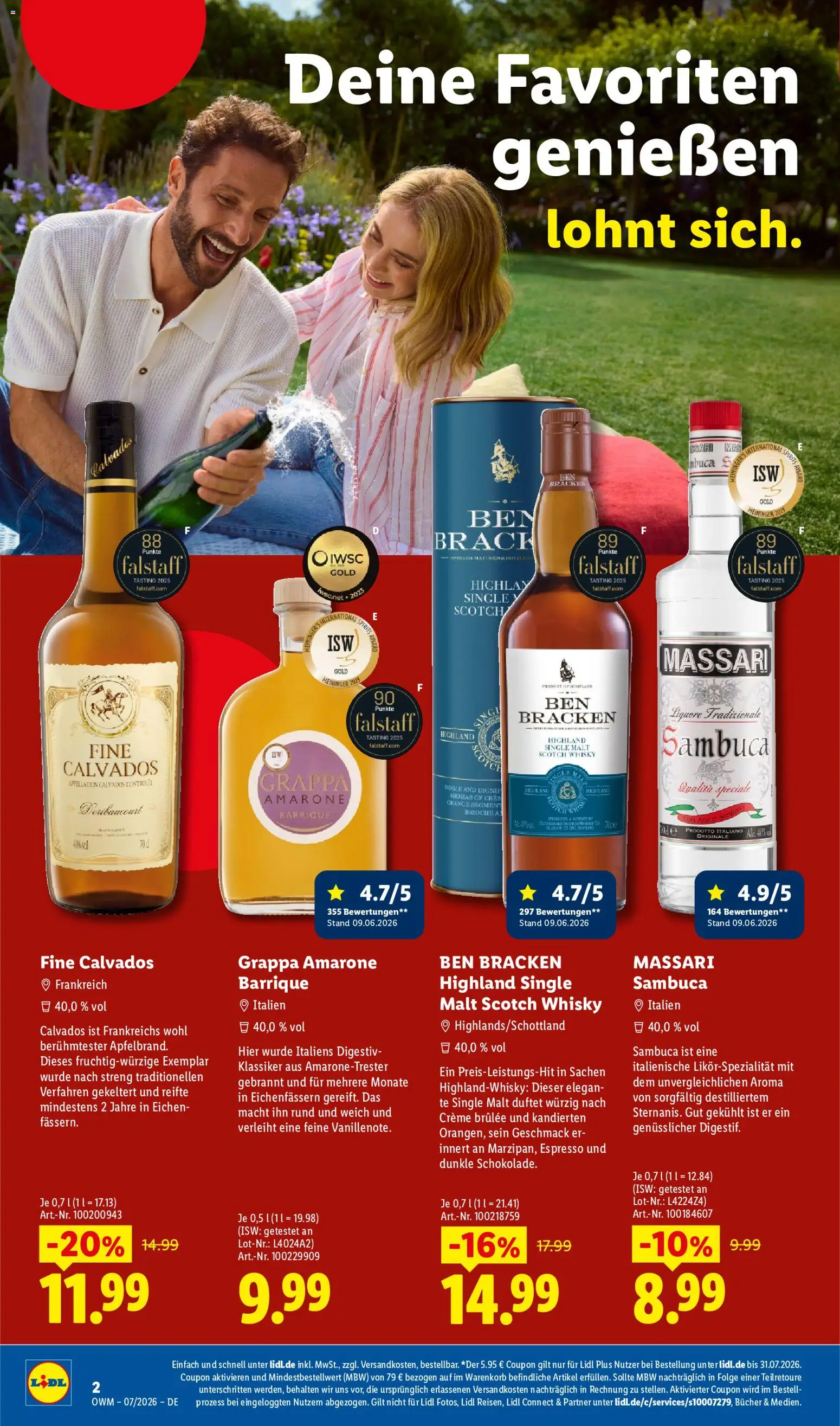Lidl Německo leták - Wein & Spirituosen od 01.07.2026 | Strana: 2 | Produkty: Whisky, Calvados, Crème brûlée, Sambuca