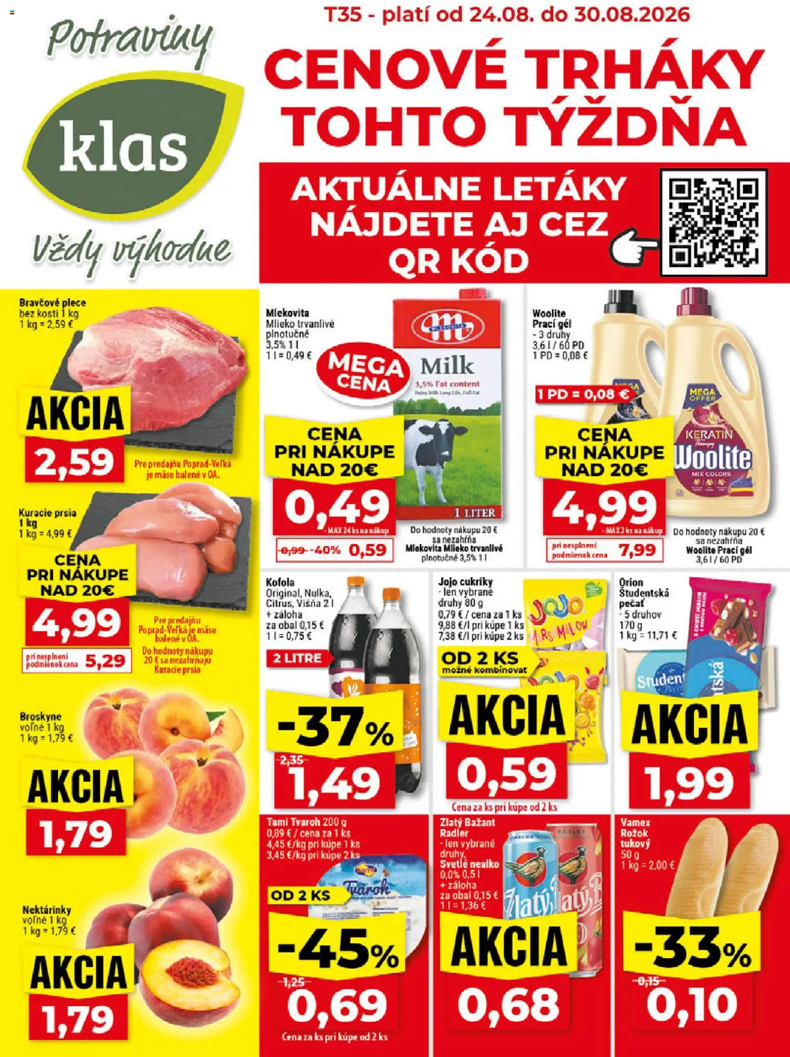 Nové Klas akcie – leták je platný od 24.08.2026 | Strana: 1 | Produkty: Mlieko, Zlatý Bažant, Kuracie prsia, Broskyne