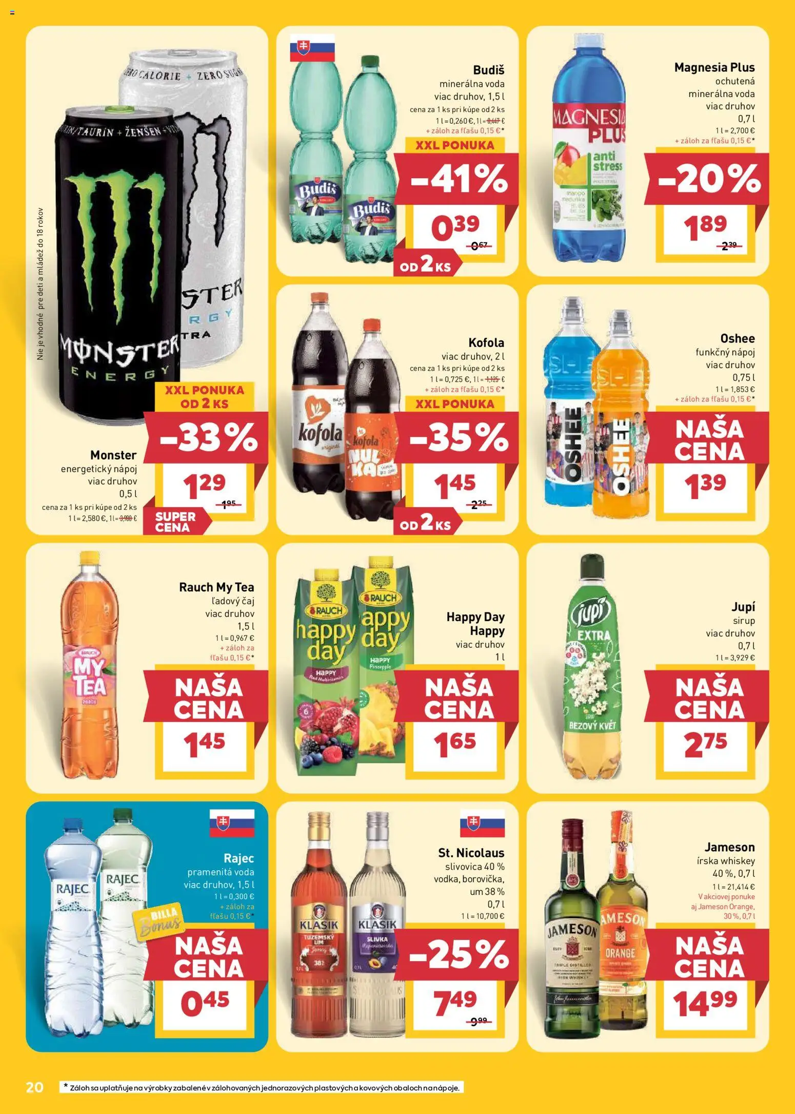 Nové Billa akcie – leták je platný od 19.08.2026 | Strana: 20 | Produkty: Budiš, Slivovica, Magnesia, Voda