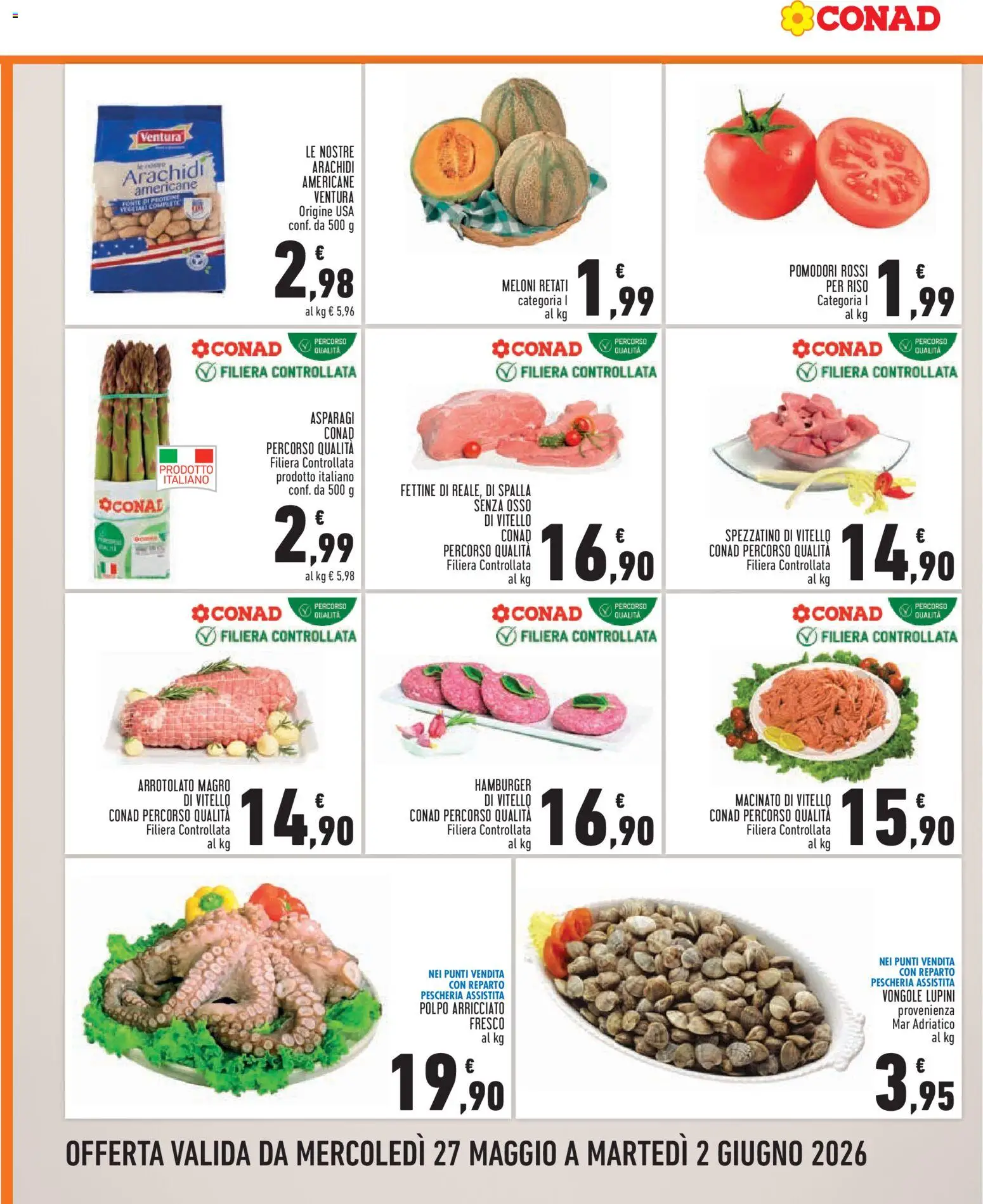 Volantino Conad del 27.05.2026 | Pagina: 2 | Prodotti: Pomodori, Vitello, Asparagi, Macinato