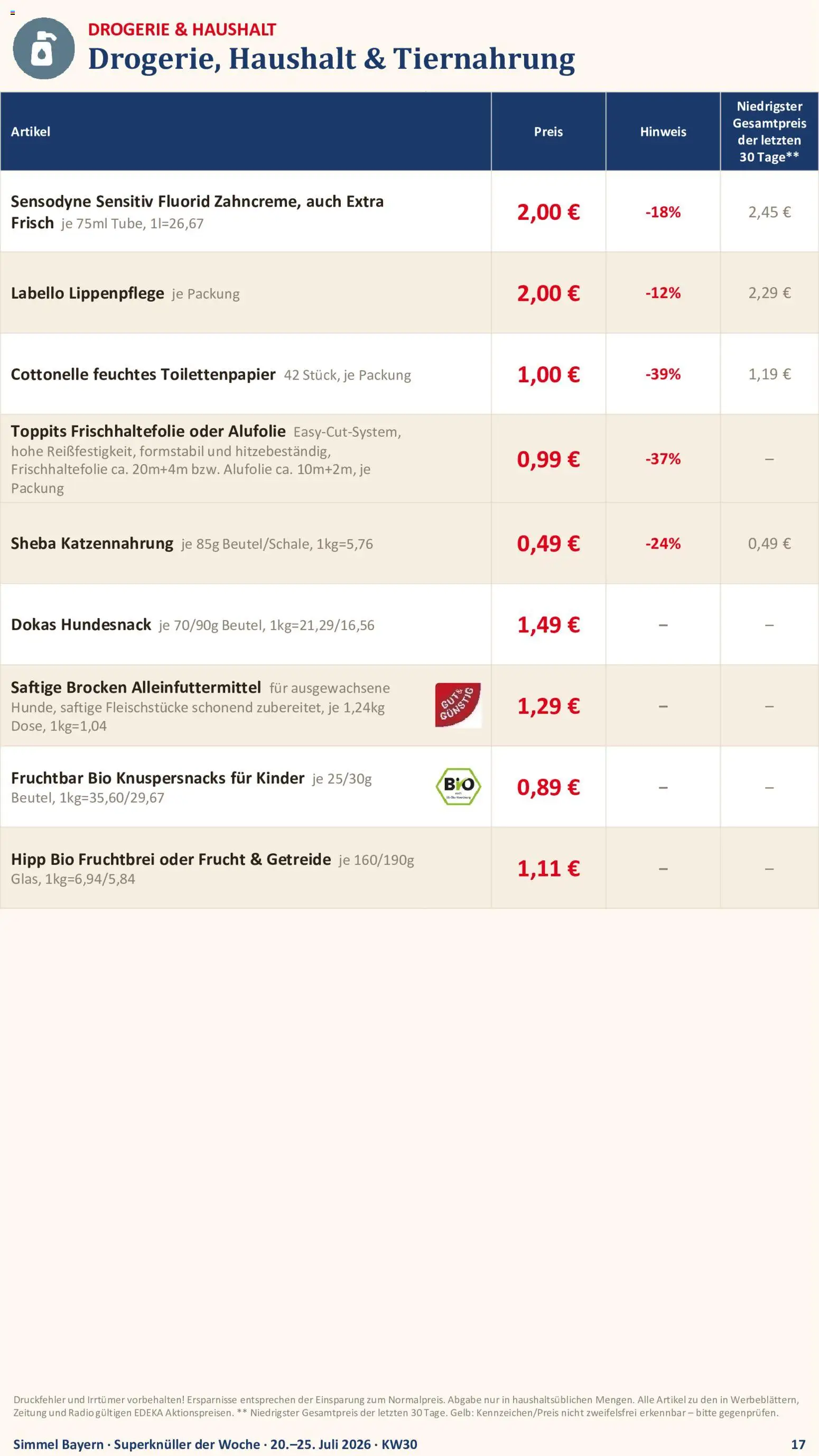 Simmel Bayern – gültig ab 20.07.2026 | Seite: 15 | Produkte: Sheba, Getreide, Toilettenpapier, Feuchtes Toilettenpapier