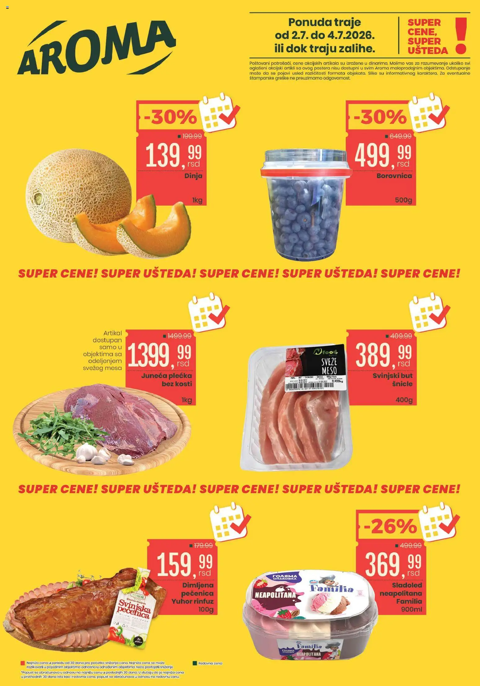 Aroma Market katalog - važi od 02.07.2026 | Strana: 1 | Proizvode: Sladoled, Borovnica, Svinjski but, Pečenica