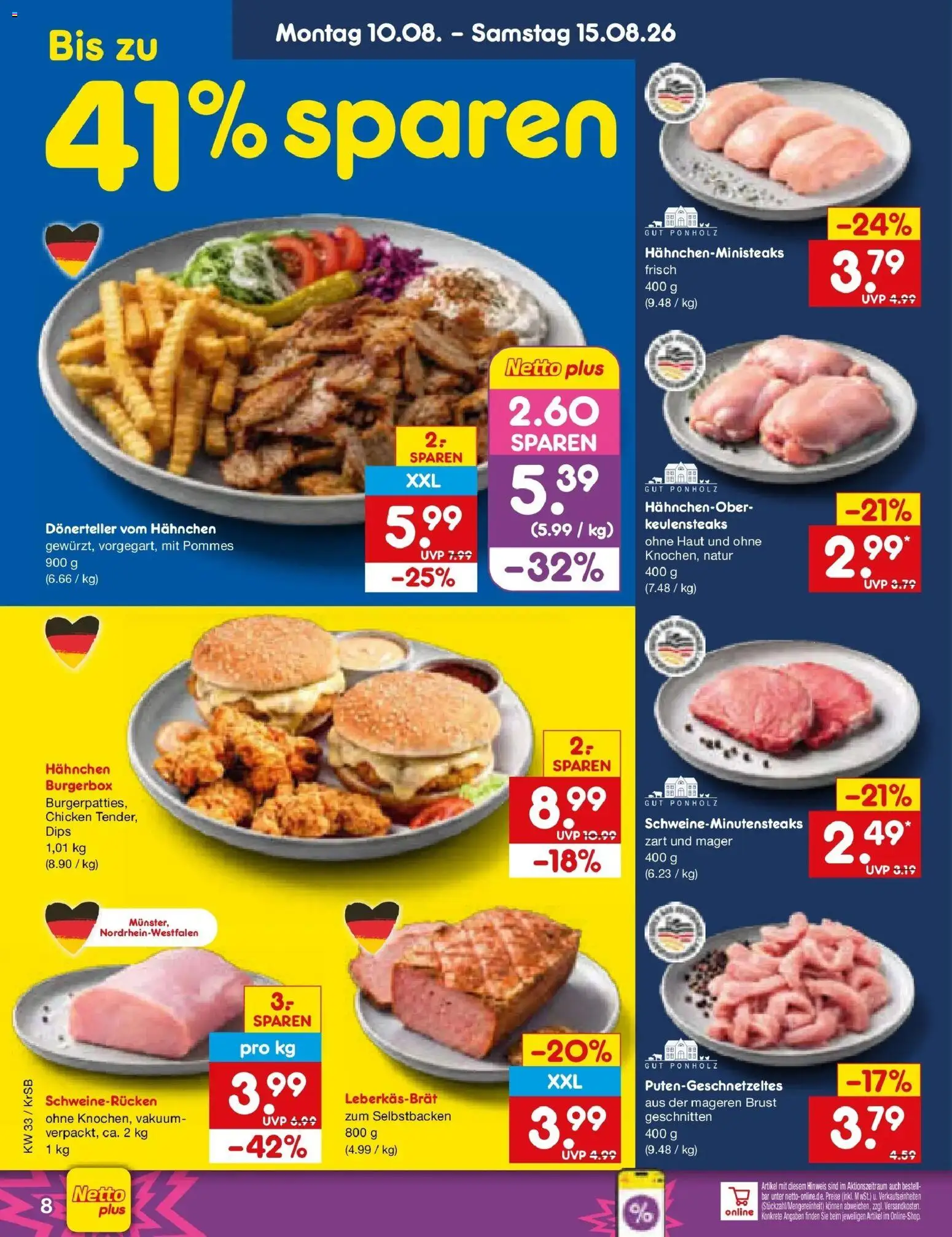Netto Marken-Discount Prospekt Jüchen (ab 10.08.2026) » Angebote | Seite: 8 | Produkte: Hahnchen, Pommes, Schweinerucken