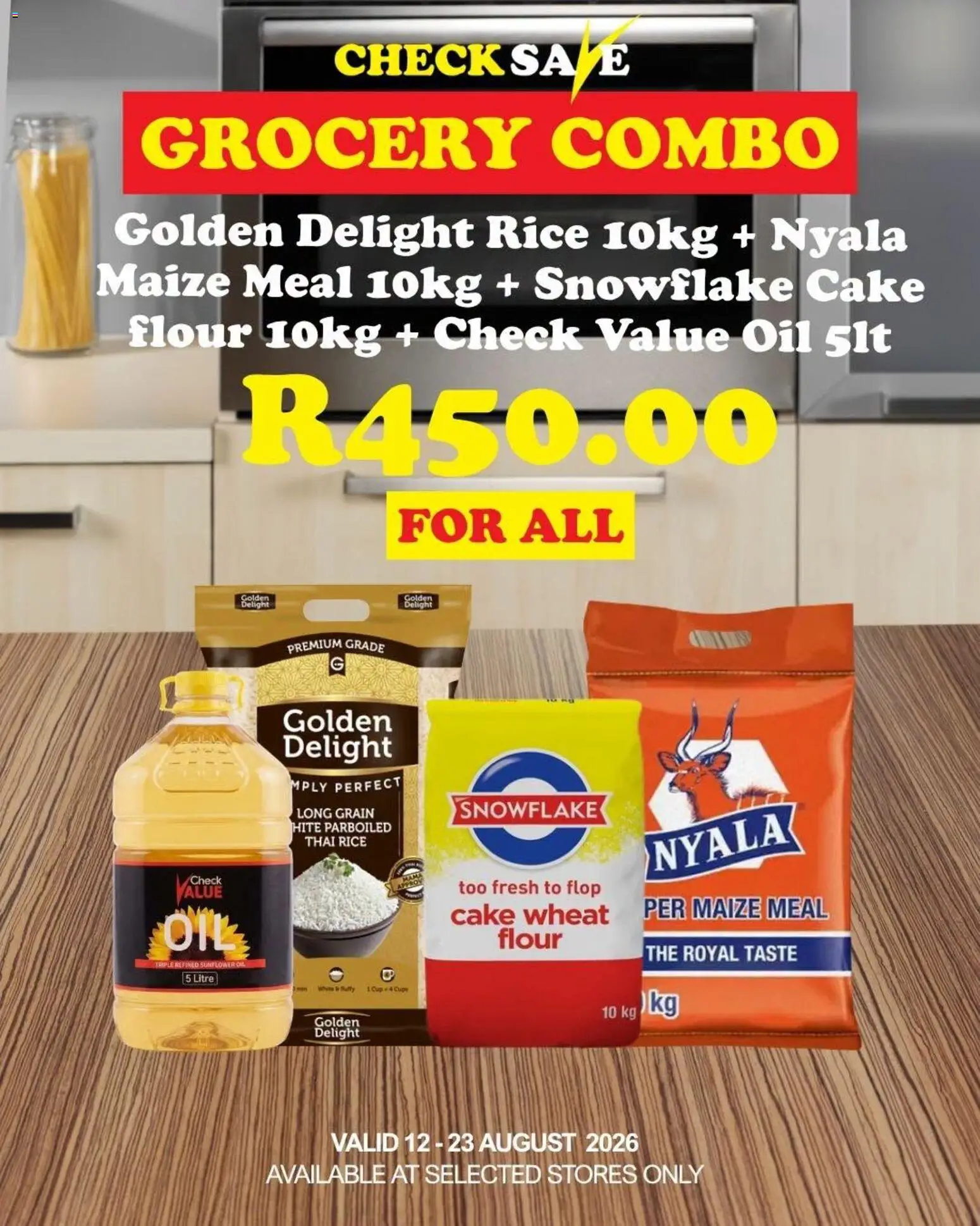 New Check Save catalogue – valid from 12/08/2026 | Page: 1 | Products: Cake, Flour, Maize meal, Rice